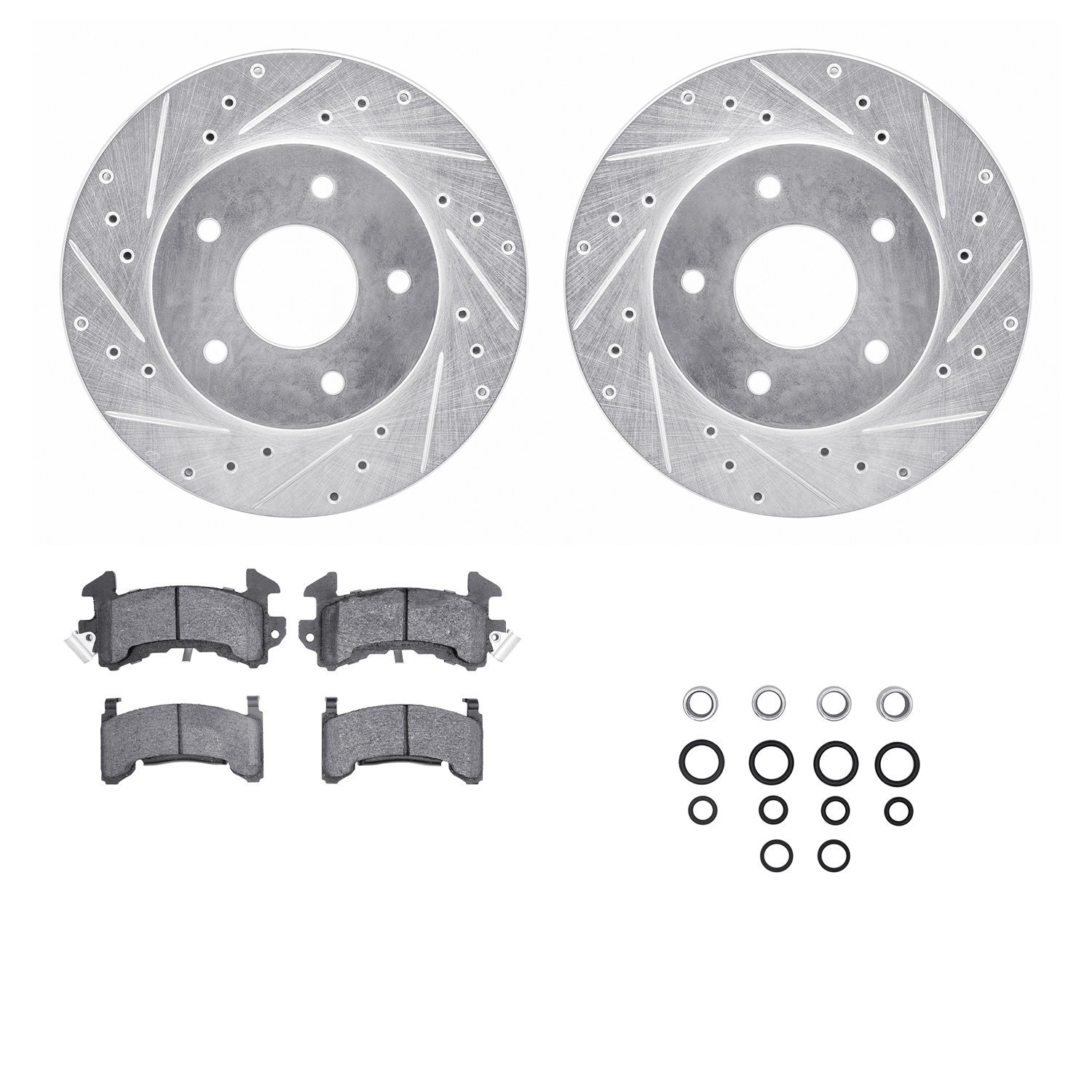 7512-52037 Drilled/Slotted Brake Rotors w/5000 Advanced Brake Pads Kit & Hardware [Silver], 1978-1981 GM, Position: Rear