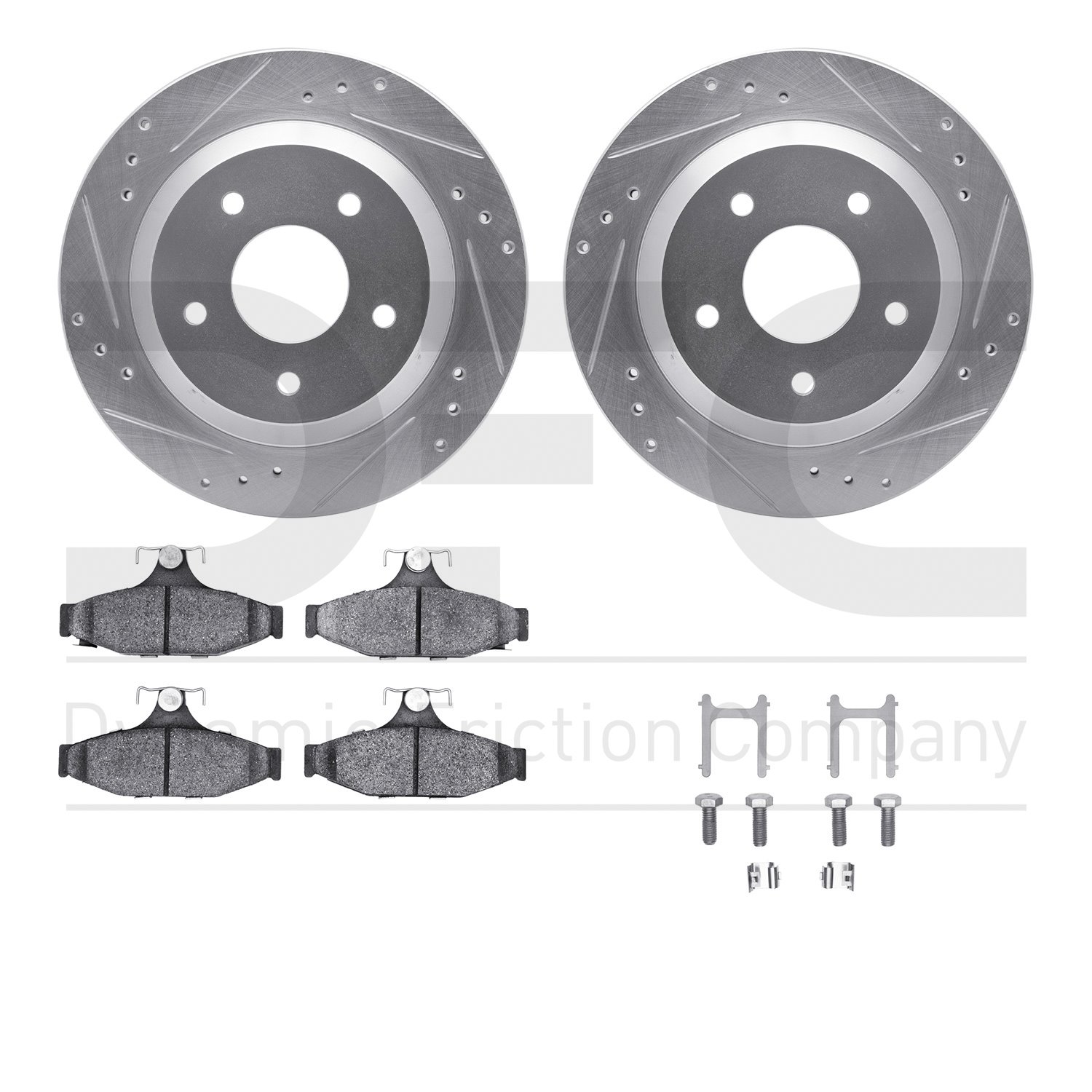 7512-52043 Drilled/Slotted Brake Rotors w/5000 Advanced Brake Pads Kit & Hardware [Silver], 1985-1992 GM, Position: Rear