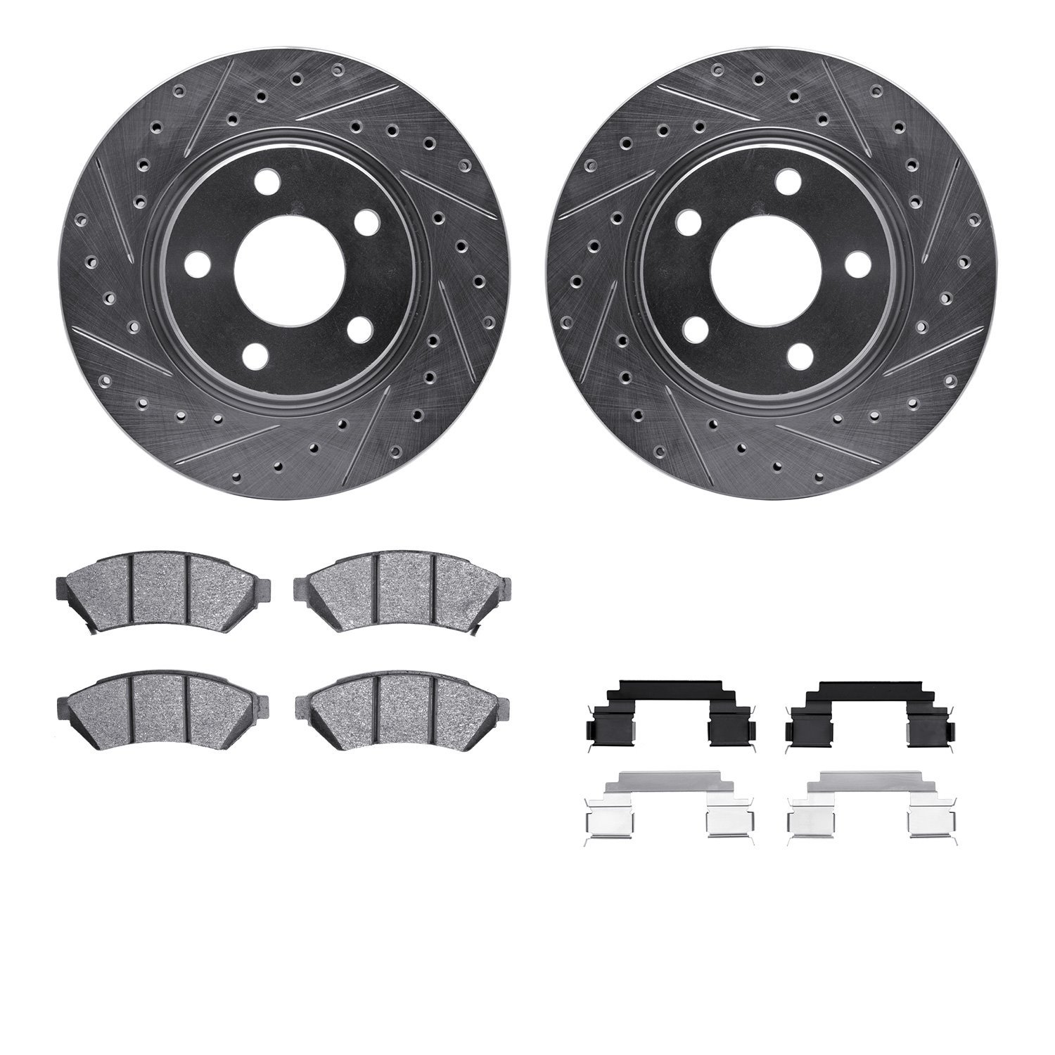 7512-52082 Drilled/Slotted Brake Rotors w/5000 Advanced Brake Pads Kit & Hardware [Silver], 2004-2008 GM, Position: Front
