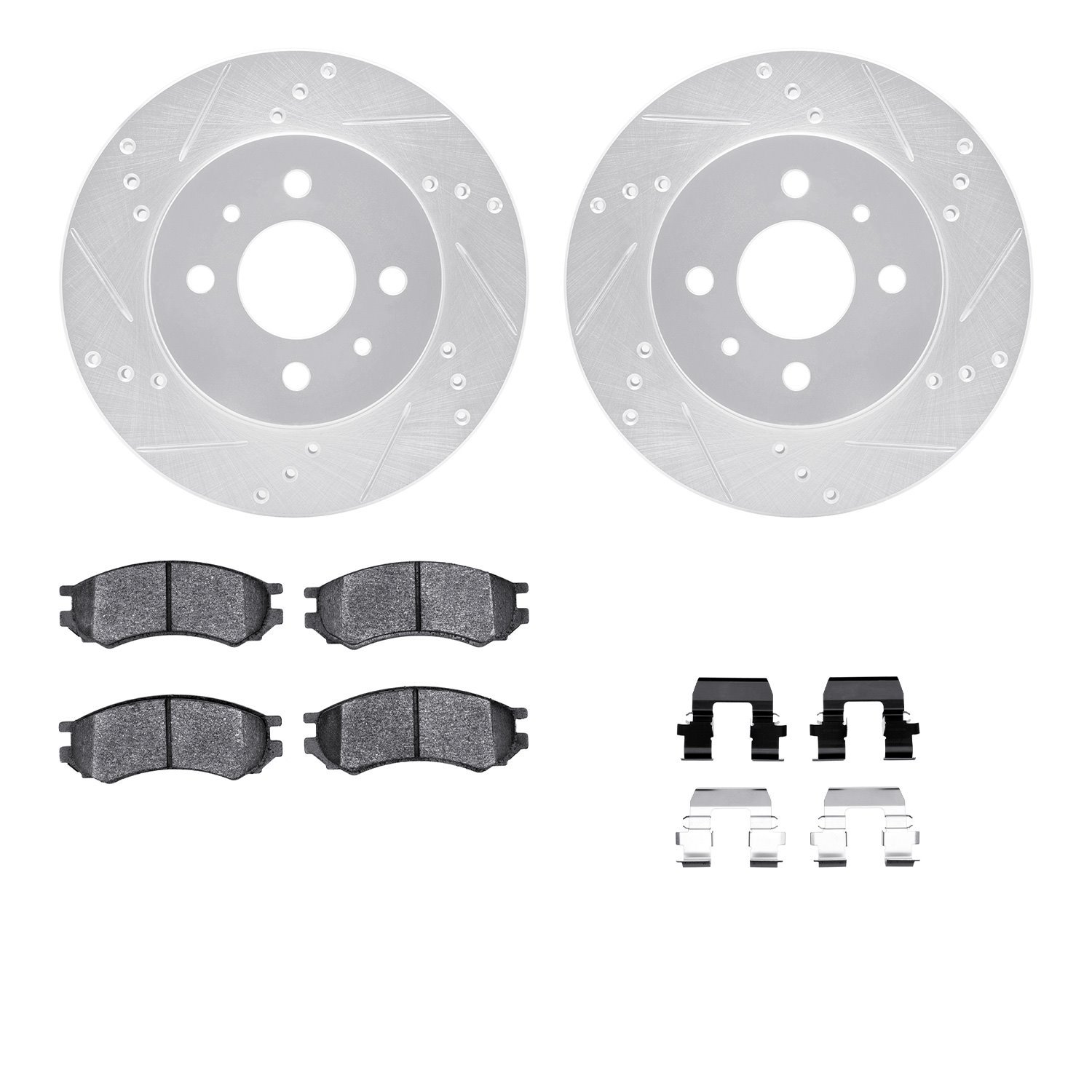 7512-53001 Drilled/Slotted Brake Rotors w/5000 Advanced Brake Pads Kit & Hardware [Silver], 1991-2002 GM, Position: Front