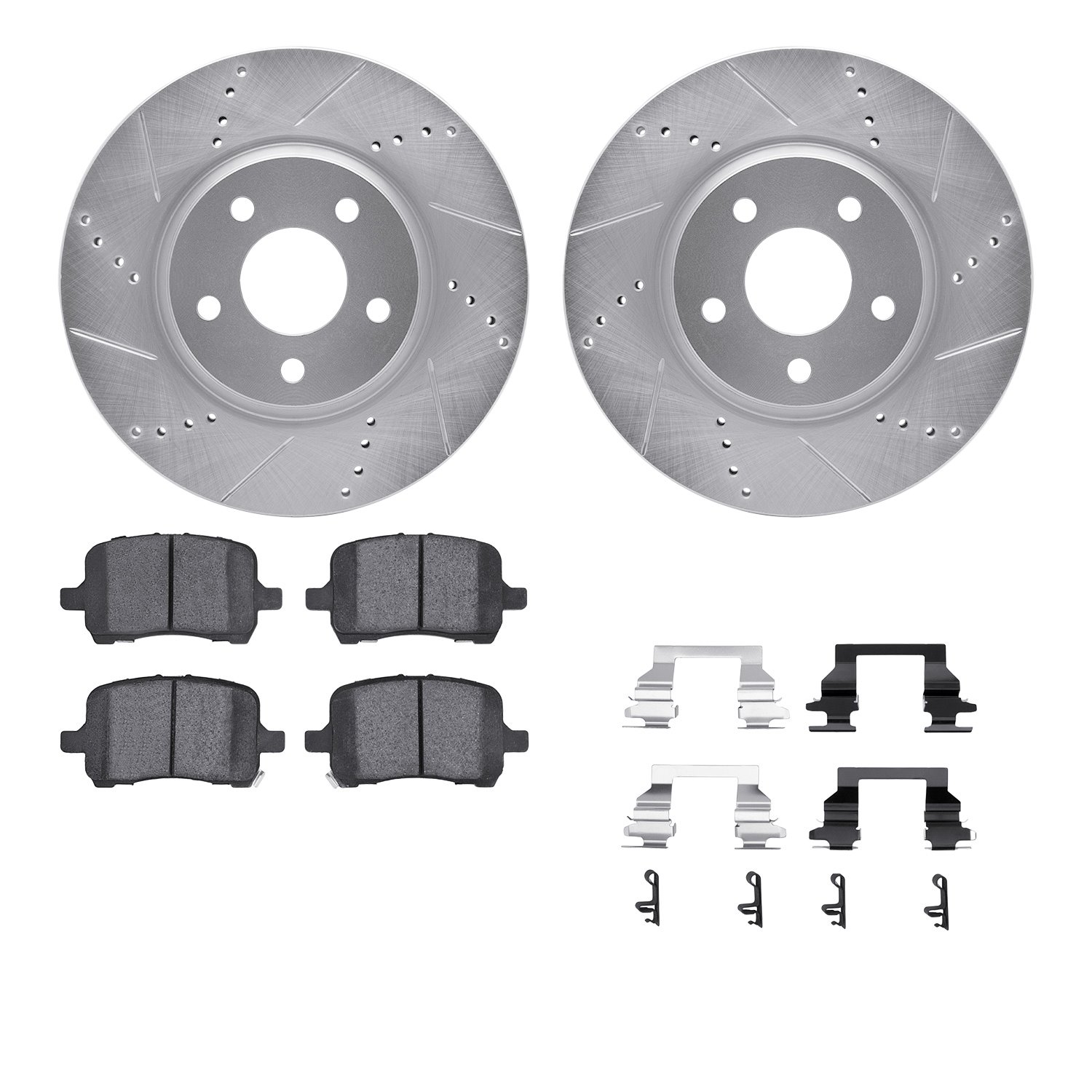 7512-53003 Drilled/Slotted Brake Rotors w/5000 Advanced Brake Pads Kit & Hardware [Silver], 2004-2012 GM, Position: Front