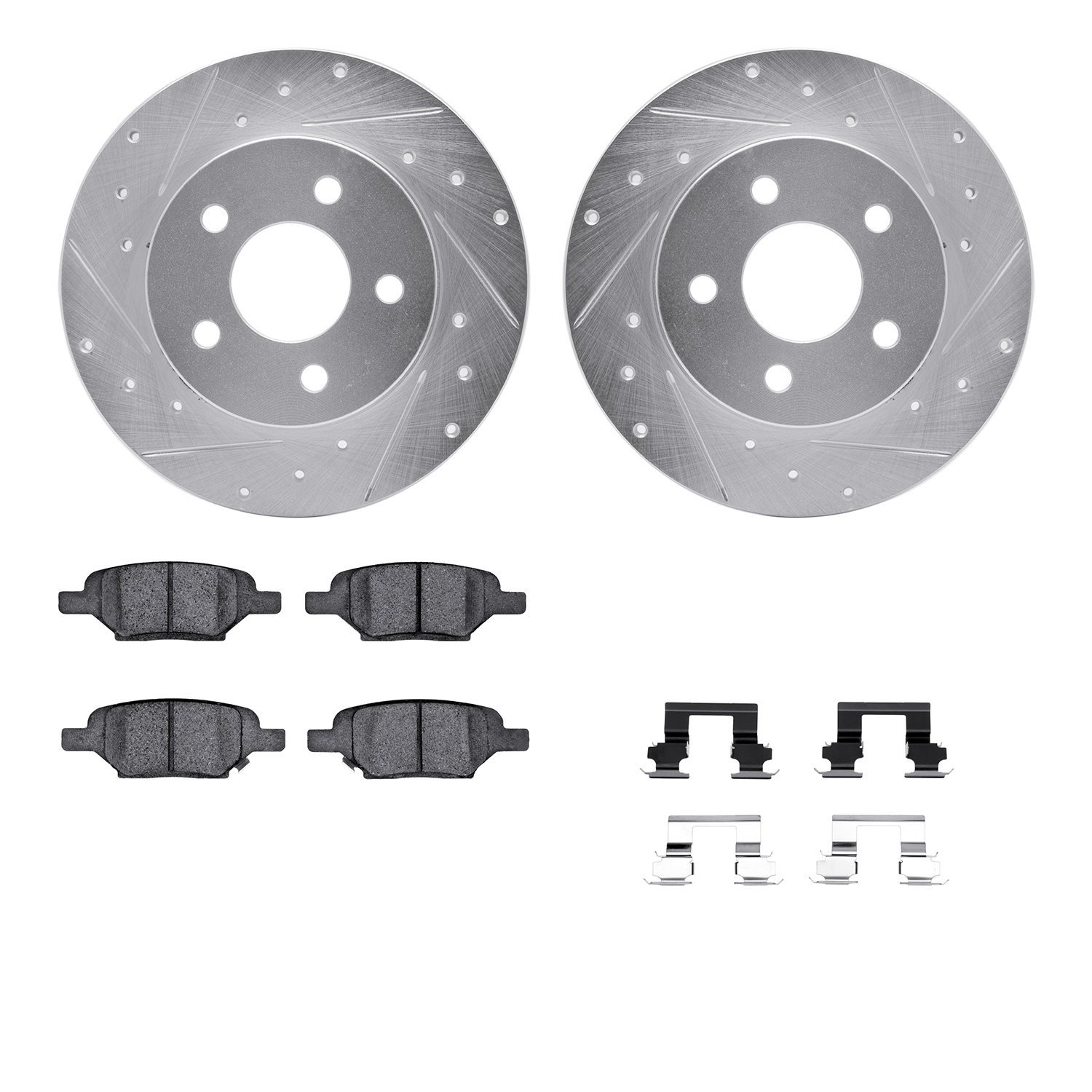 7512-53004 Drilled/Slotted Brake Rotors w/5000 Advanced Brake Pads Kit & Hardware [Silver], 2004-2012 GM, Position: Rear