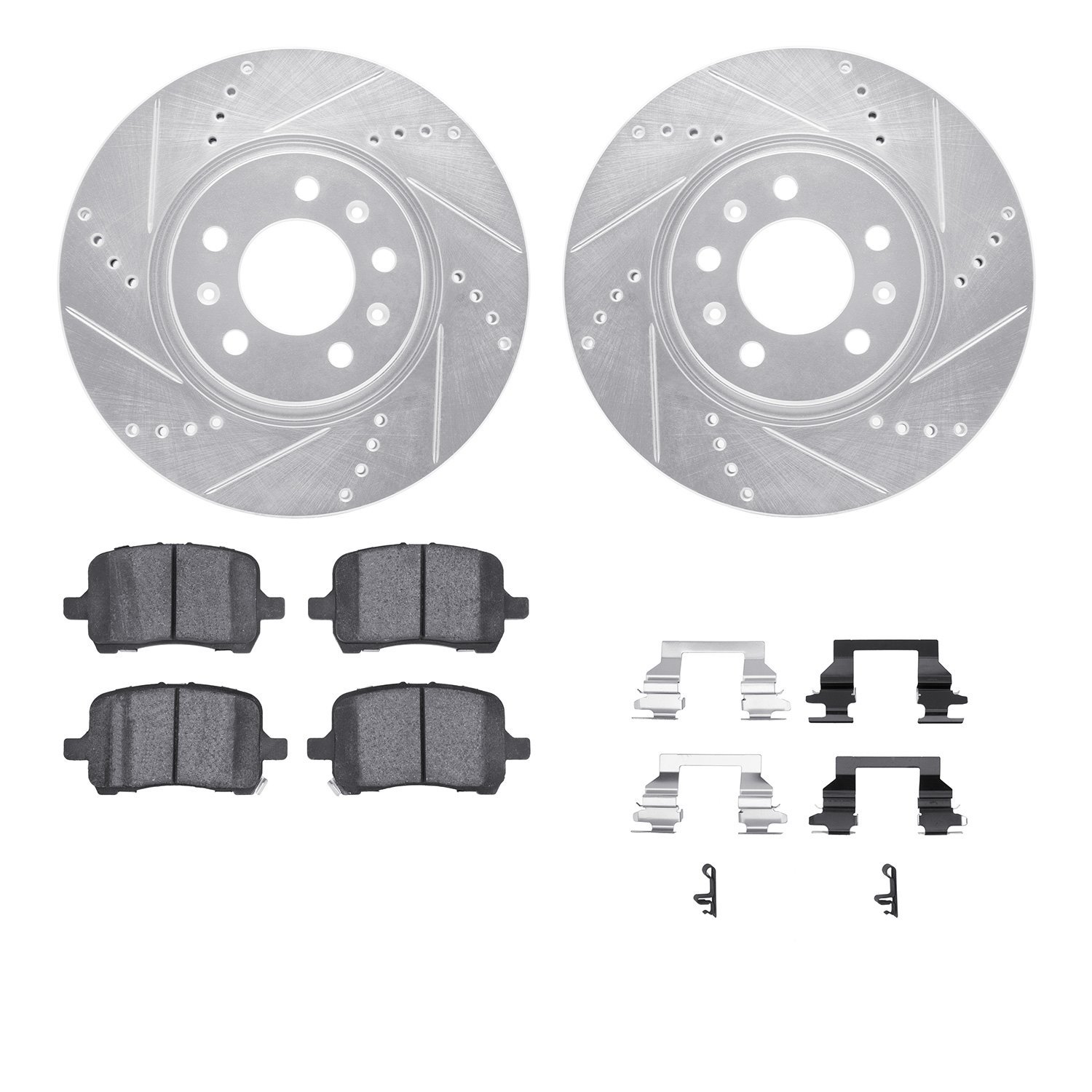7512-53005 Drilled/Slotted Brake Rotors w/5000 Advanced Brake Pads Kit & Hardware [Silver], 2006-2010 GM, Position: Front