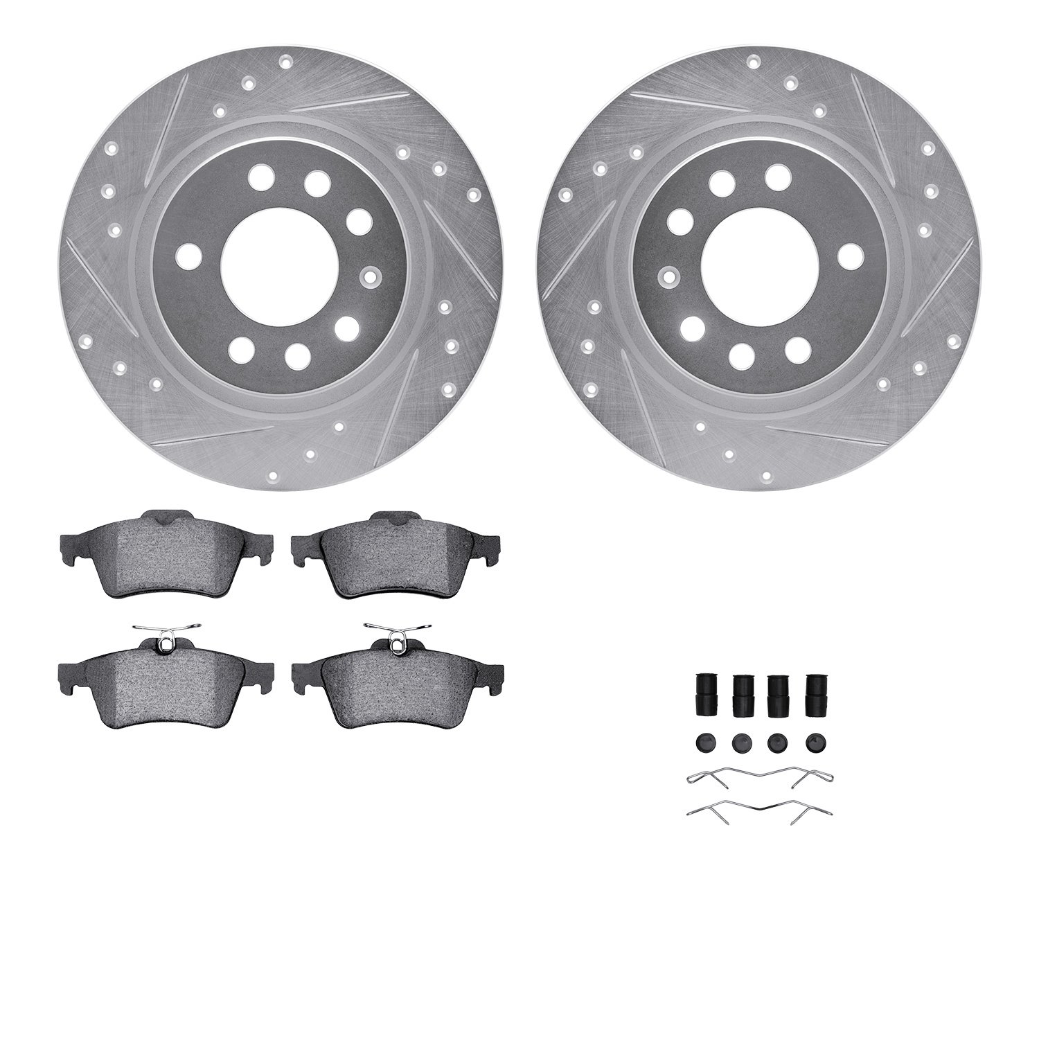 7512-53006 Drilled/Slotted Brake Rotors w/5000 Advanced Brake Pads Kit & Hardware [Silver], 2006-2010 GM, Position: Rear