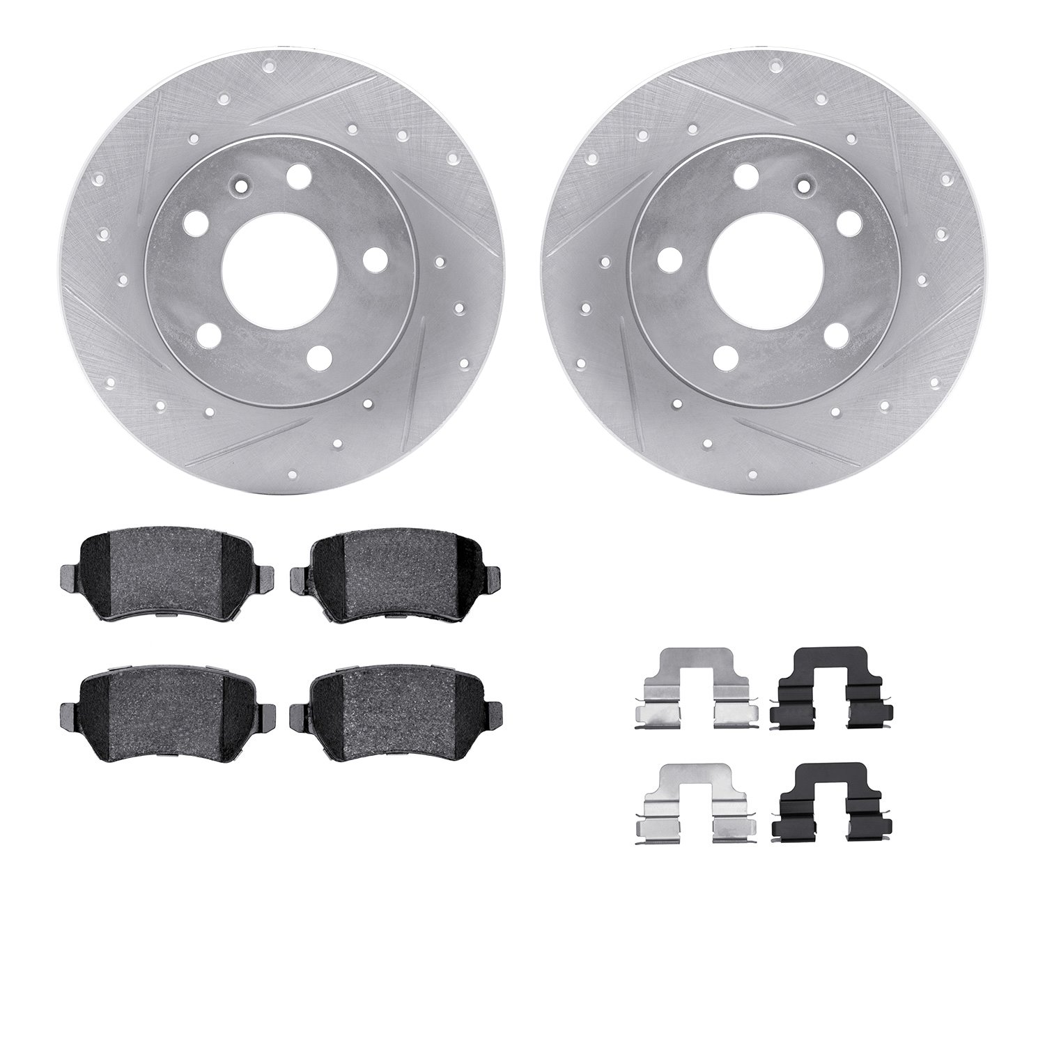 7512-53008 Drilled/Slotted Brake Rotors w/5000 Advanced Brake Pads Kit & Hardware [Silver], 2002-2008 GM, Position: Rear