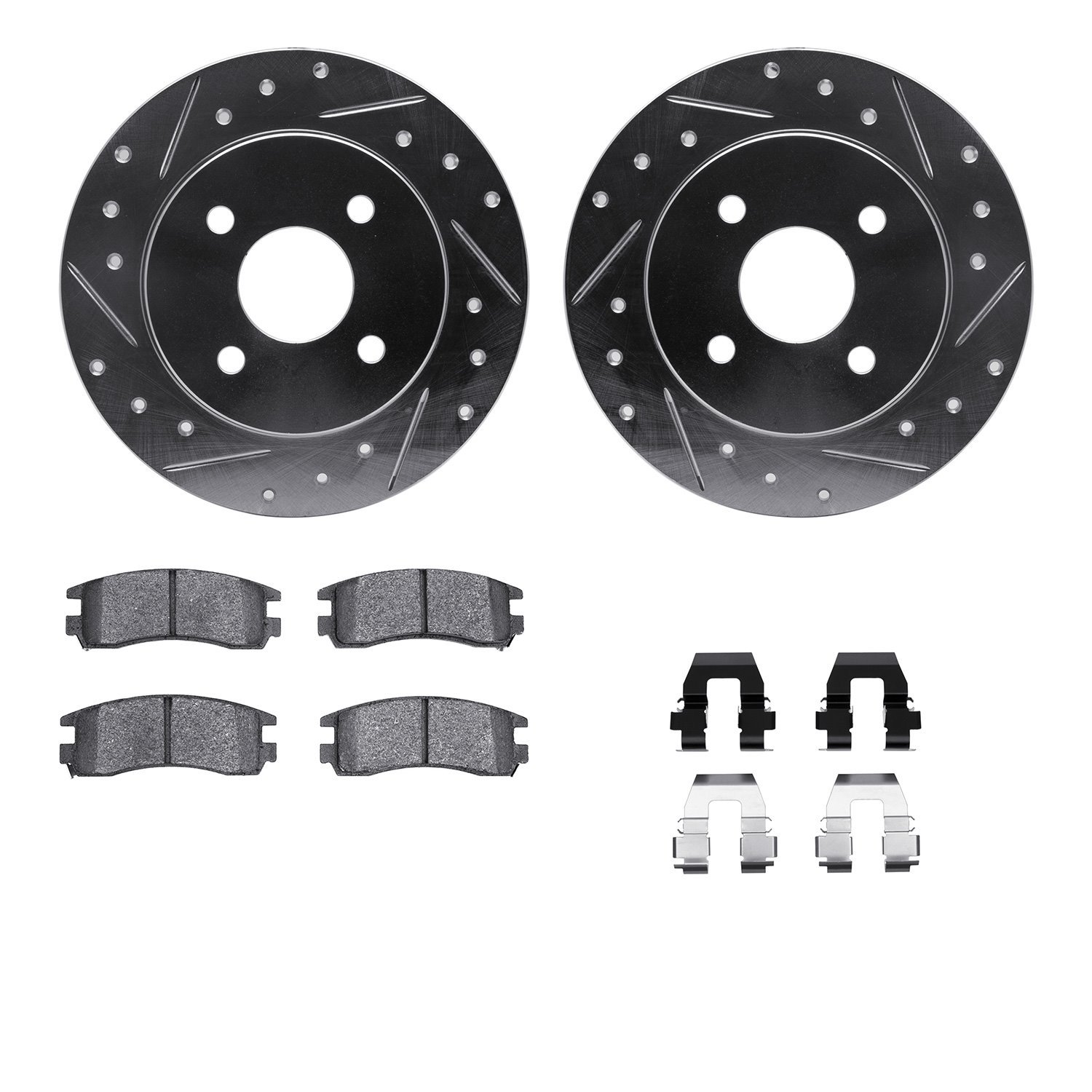 7512-53010 Drilled/Slotted Brake Rotors w/5000 Advanced Brake Pads Kit & Hardware [Silver], 1991-1998 GM, Position: Rear