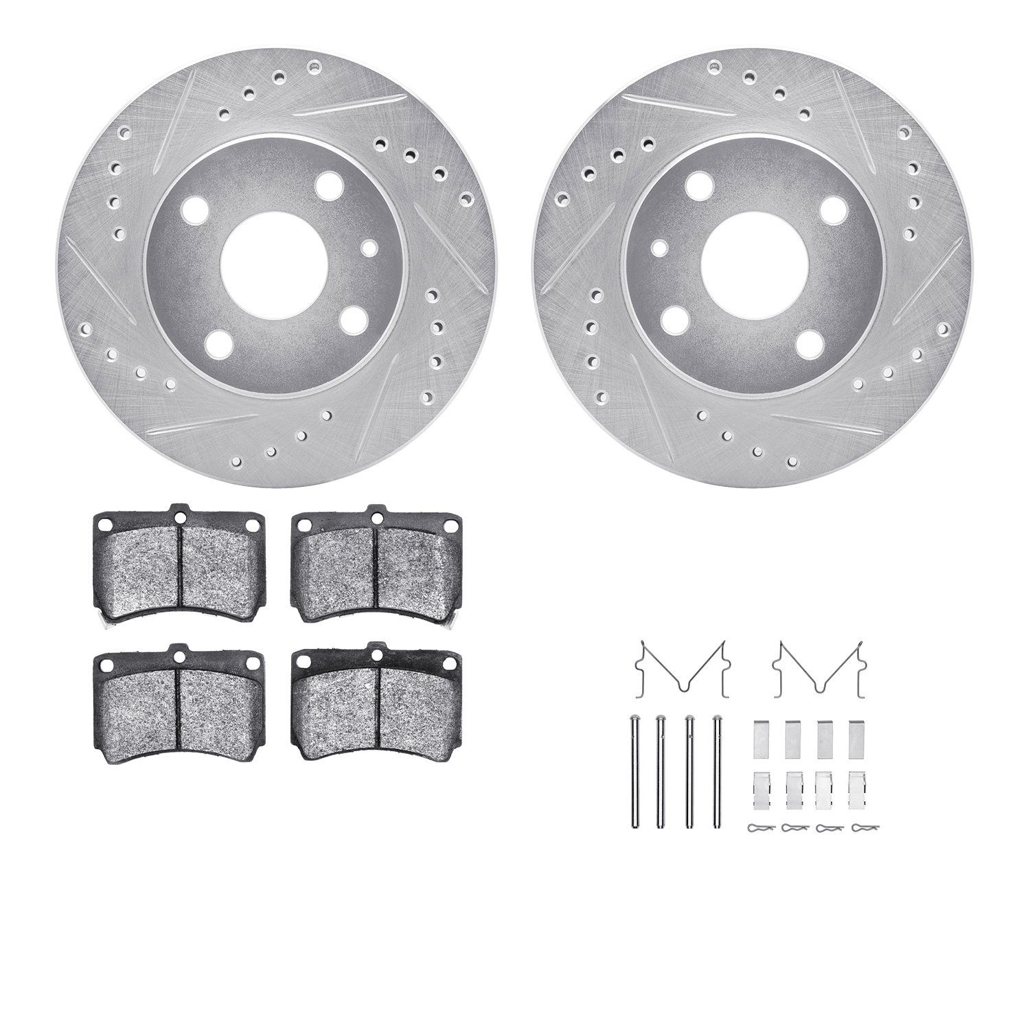 7512-54001 Drilled/Slotted Brake Rotors w/5000 Advanced Brake Pads Kit & Hardware [Silver], 1990-1998 Ford/Lincoln/Mercury/Mazda