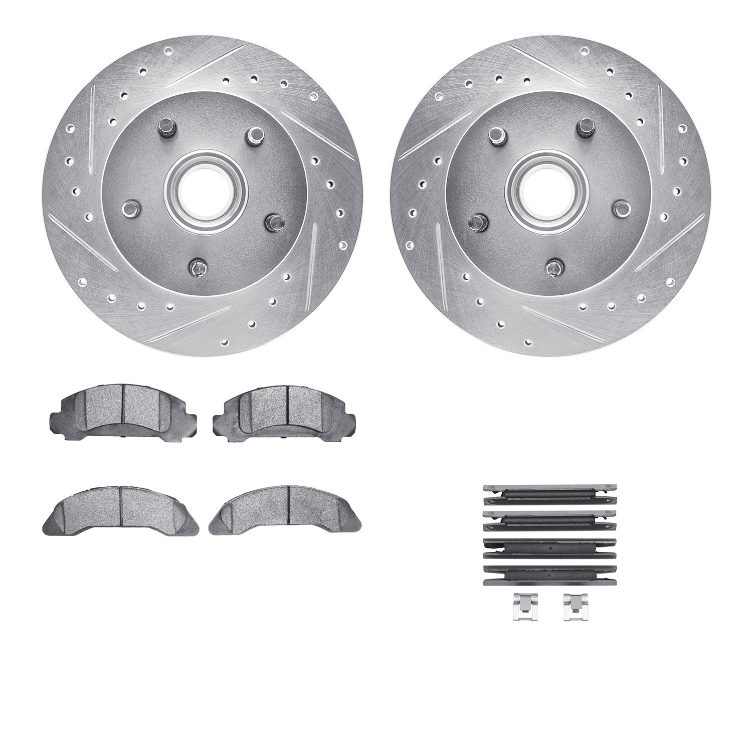 7512-54046 Drilled/Slotted Brake Rotors w/5000 Advanced Brake Pads Kit & Hardware [Silver], 1986-1987 Ford/Lincoln/Mercury/Mazda