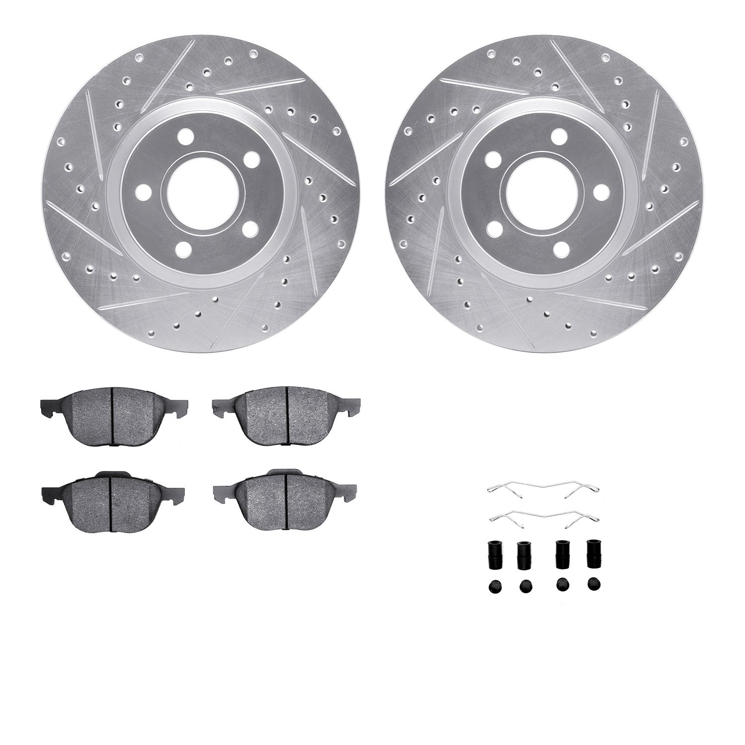 7512-54076 Drilled/Slotted Brake Rotors w/5000 Advanced Brake Pads Kit & Hardware [Silver], 2004-2013 Volvo, Position: Front