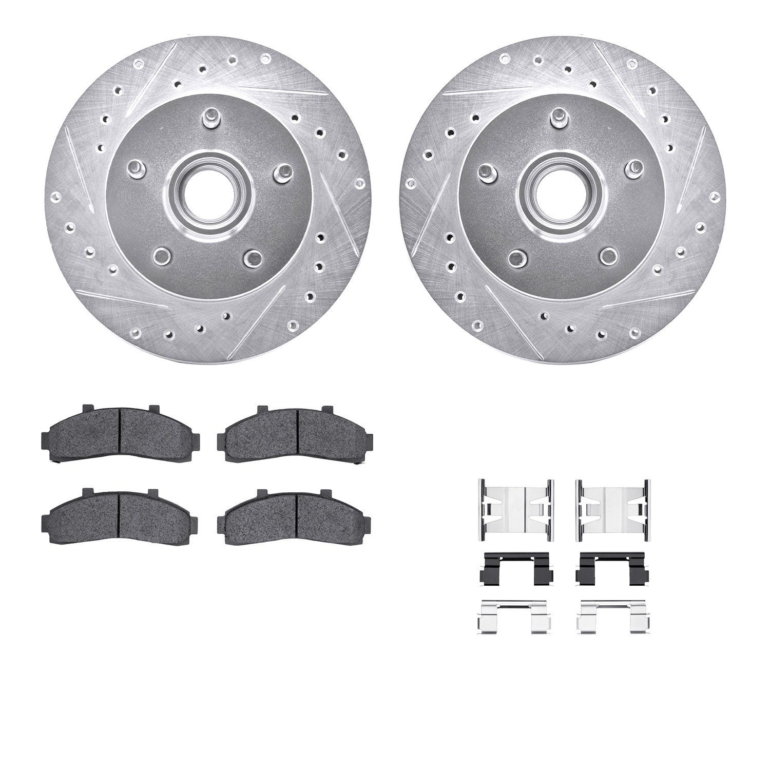 7512-54101 Drilled/Slotted Brake Rotors w/5000 Advanced Brake Pads Kit & Hardware [Silver], 1995-1997 Ford/Lincoln/Mercury/Mazda