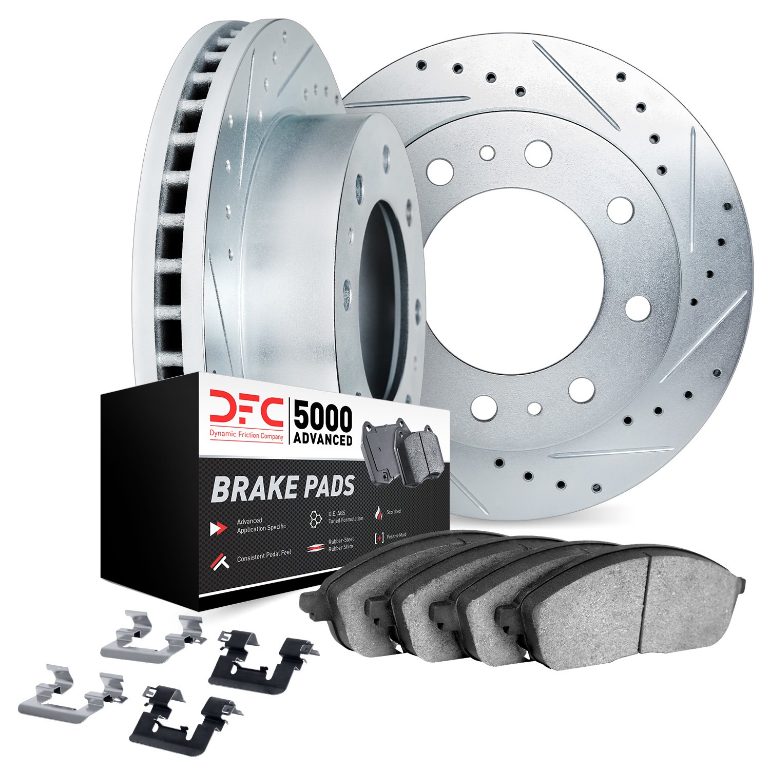 7512-54129 Drilled/Slotted Brake Rotors w/5000 Advanced Brake Pads Kit & Hardware [Silver], 2003-2004 Ford/Lincoln/Mercury/Mazda