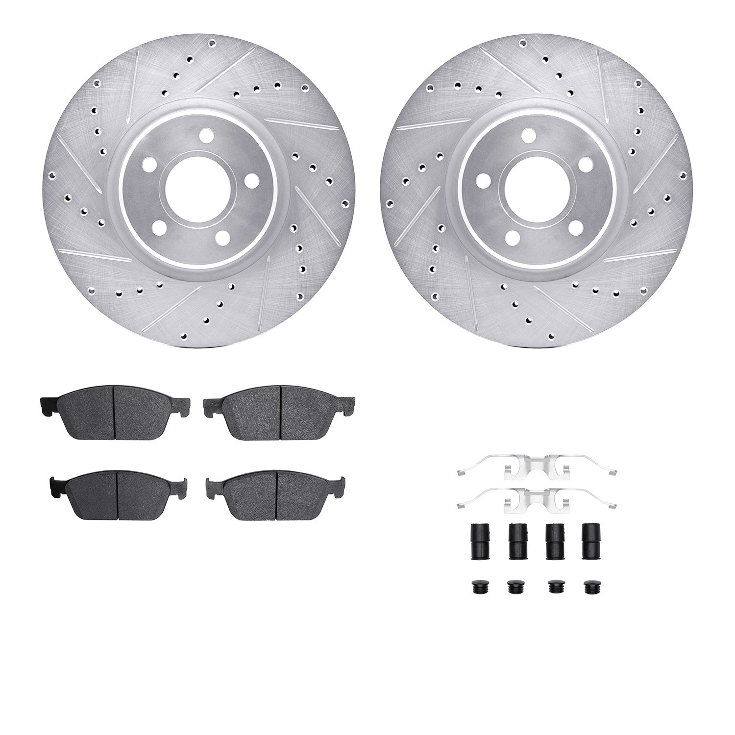 7512-54225 Drilled/Slotted Brake Rotors w/5000 Advanced Brake Pads Kit & Hardware [Silver], 2013-2019 Ford/Lincoln/Mercury/Mazda