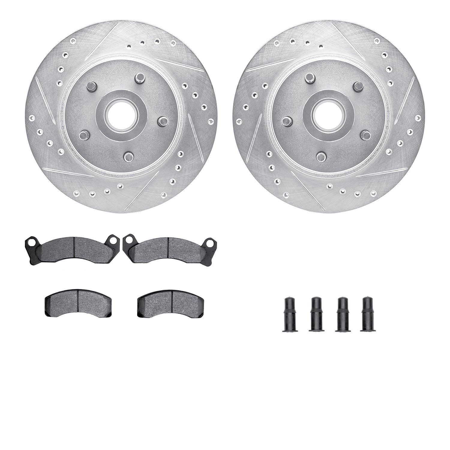 7512-54273 Drilled/Slotted Brake Rotors w/5000 Advanced Brake Pads Kit & Hardware [Silver], 1982-1987 Ford/Lincoln/Mercury/Mazda