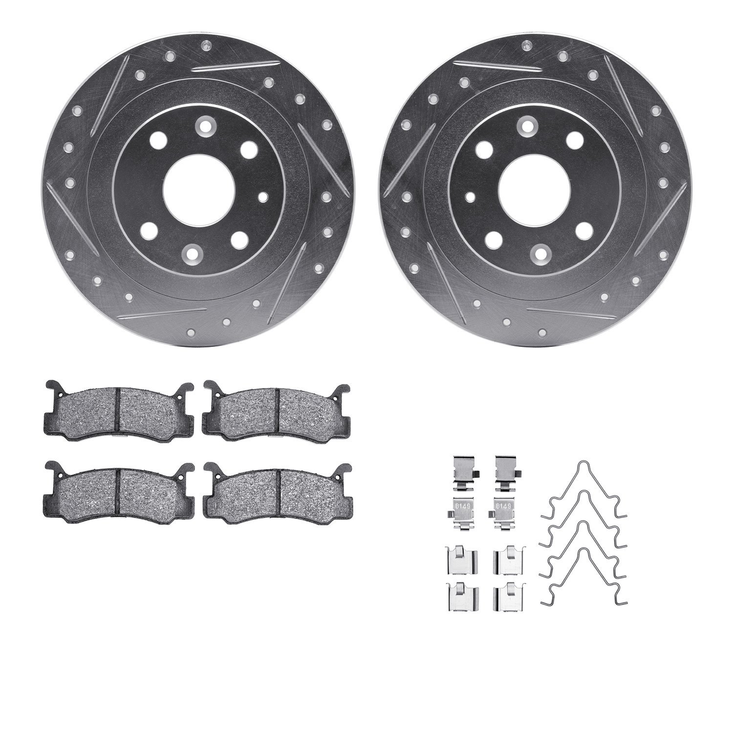 7512-55013 Drilled/Slotted Brake Rotors w/5000 Advanced Brake Pads Kit & Hardware [Silver], 1992-1995 Ford/Lincoln/Mercury/Mazda