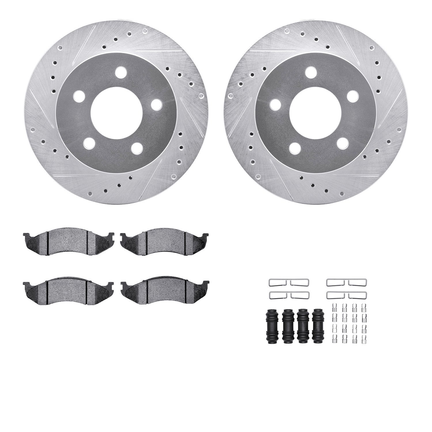 7512-56041 Drilled/Slotted Brake Rotors w/5000 Advanced Brake Pads Kit & Hardware [Silver], 1991-1994 Ford/Lincoln/Mercury/Mazda