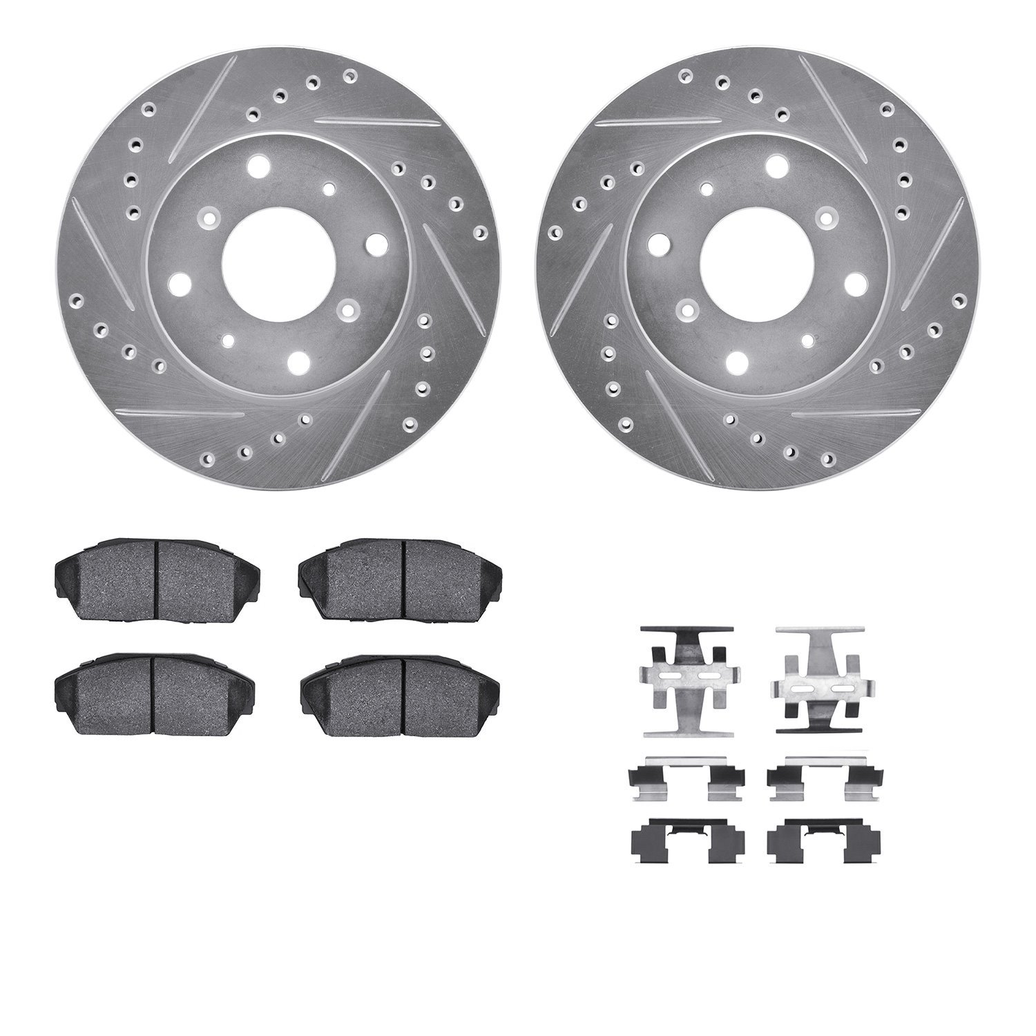 7512-58001 Drilled/Slotted Brake Rotors w/5000 Advanced Brake Pads Kit & Hardware [Silver], 1986-1987 Acura/Honda, Position: Fro