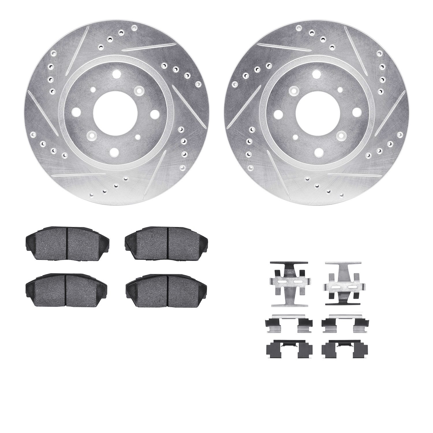 7512-58003 Drilled/Slotted Brake Rotors w/5000 Advanced Brake Pads Kit & Hardware [Silver], 1987-1990 Acura/Honda, Position: Fro