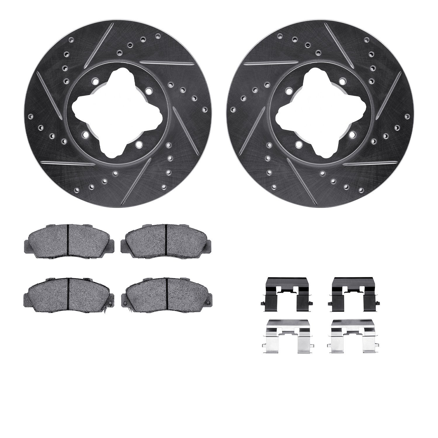 7512-58005 Drilled/Slotted Brake Rotors w/5000 Advanced Brake Pads Kit & Hardware [Silver], 1992-1998 Acura/Honda, Position: Fro