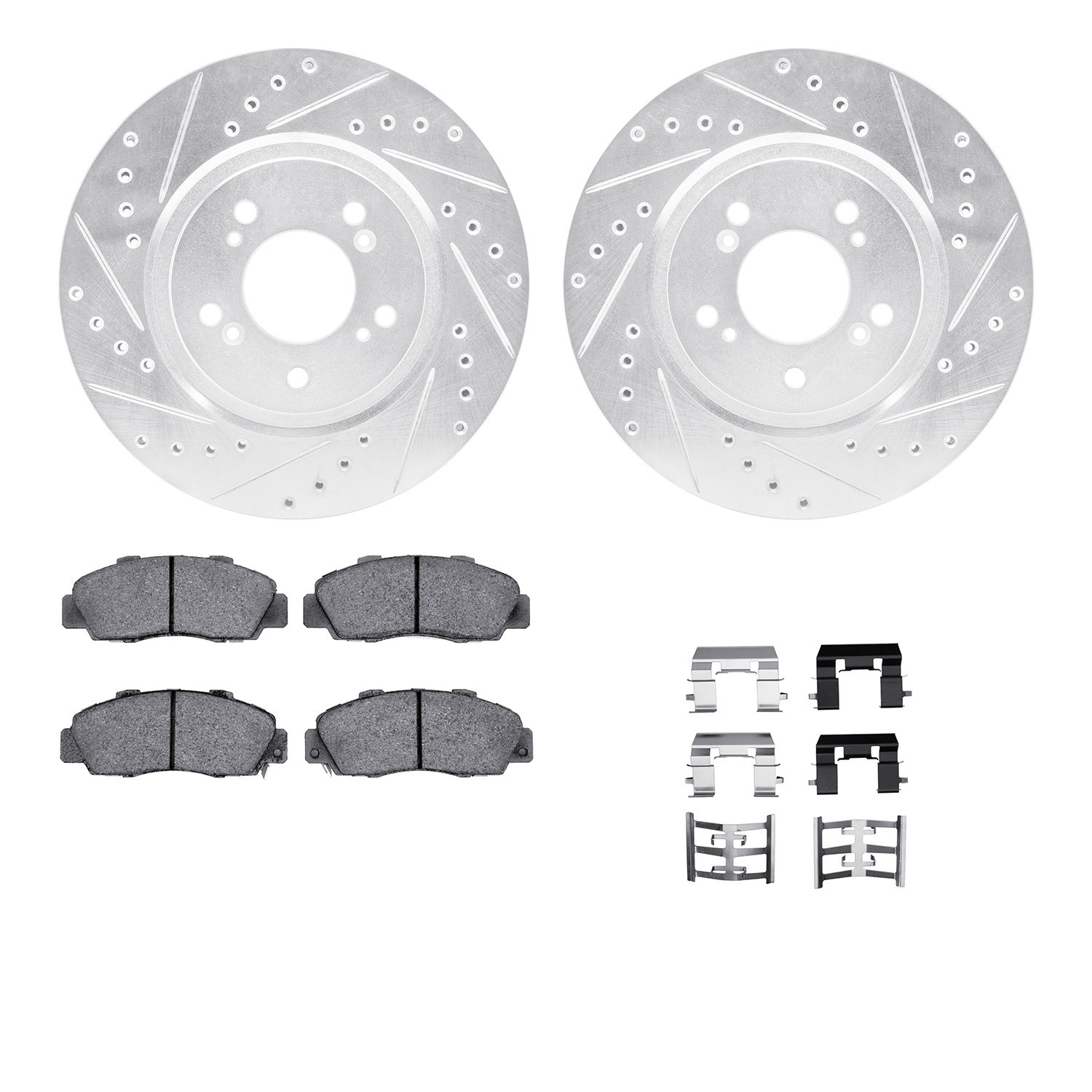 7512-58010 Drilled/Slotted Brake Rotors w/5000 Advanced Brake Pads Kit & Hardware [Silver], 1997-2005 Acura/Honda, Position: Fro