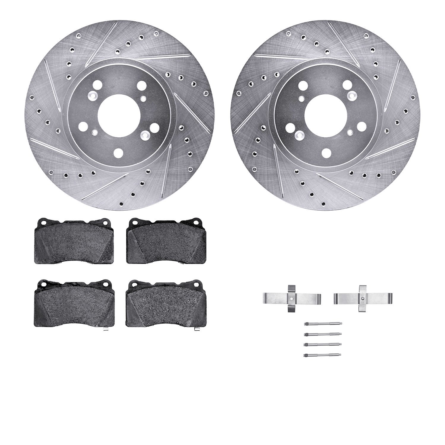 7512-58025 Drilled/Slotted Brake Rotors w/5000 Advanced Brake Pads Kit & Hardware [Silver], 2004-2008 Acura/Honda, Position: Fro
