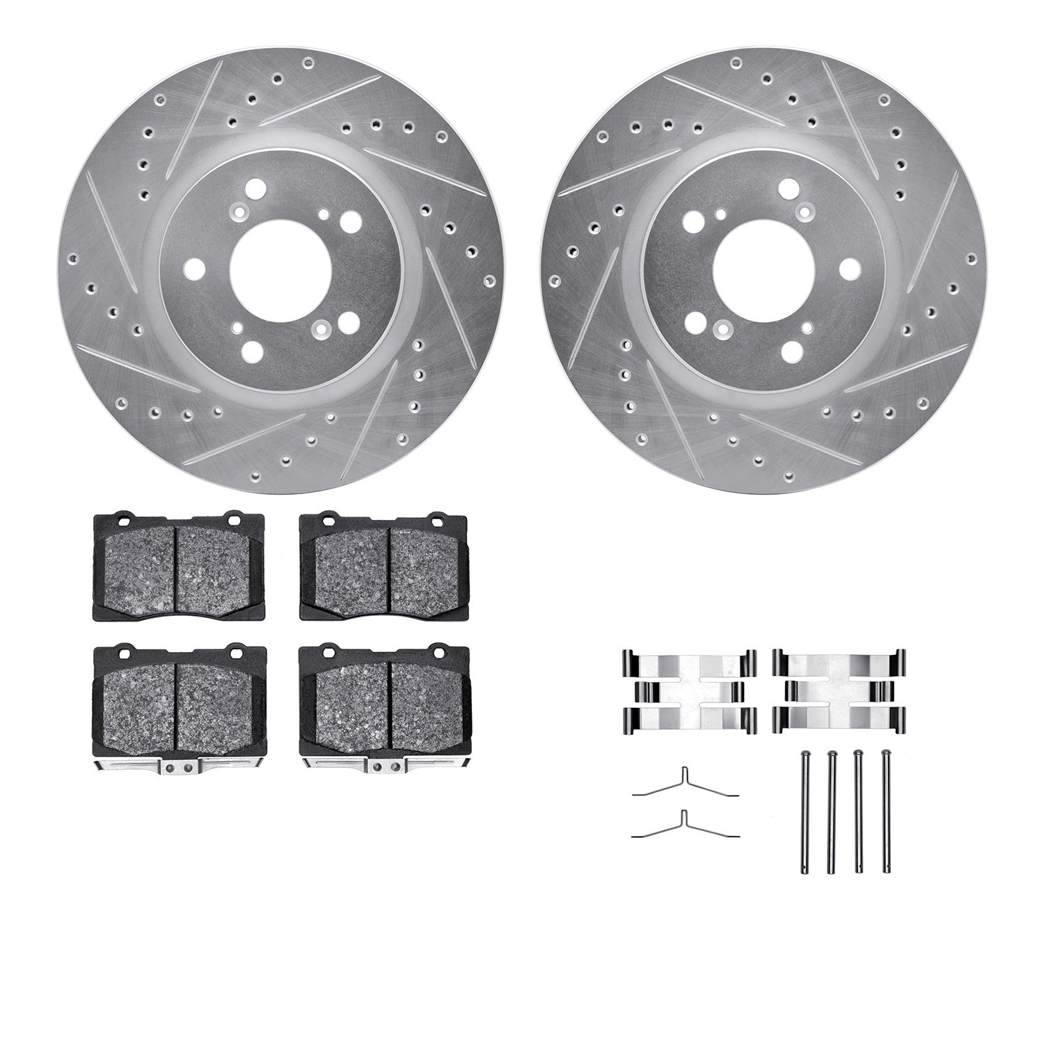 7512-58026 Drilled/Slotted Brake Rotors w/5000 Advanced Brake Pads Kit & Hardware [Silver], 2005-2012 Acura/Honda, Position: Fro