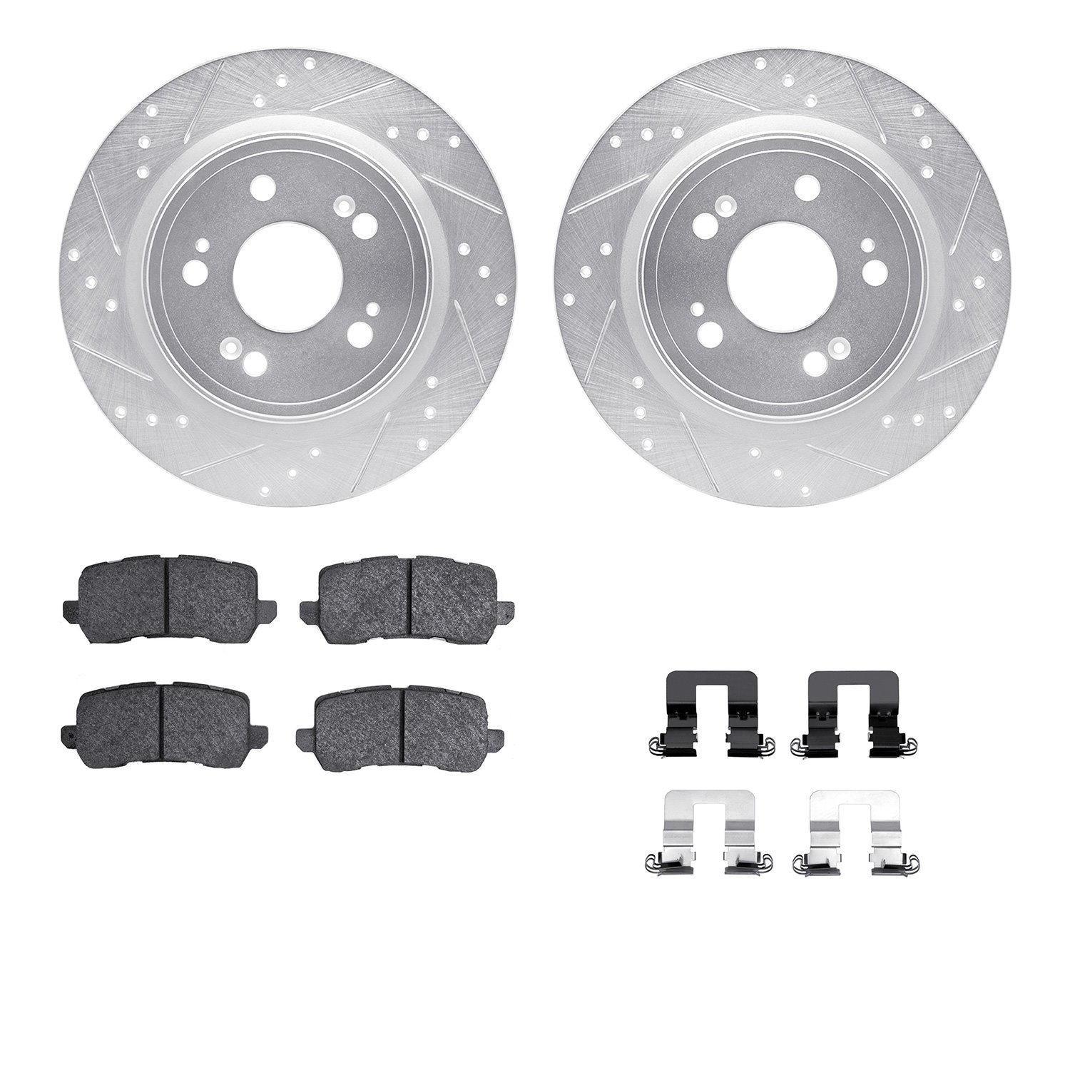 7512-58030 Drilled/Slotted Brake Rotors w/5000 Advanced Brake Pads Kit & Hardware [Silver], 2014-2020 Acura/Honda, Position: Rea
