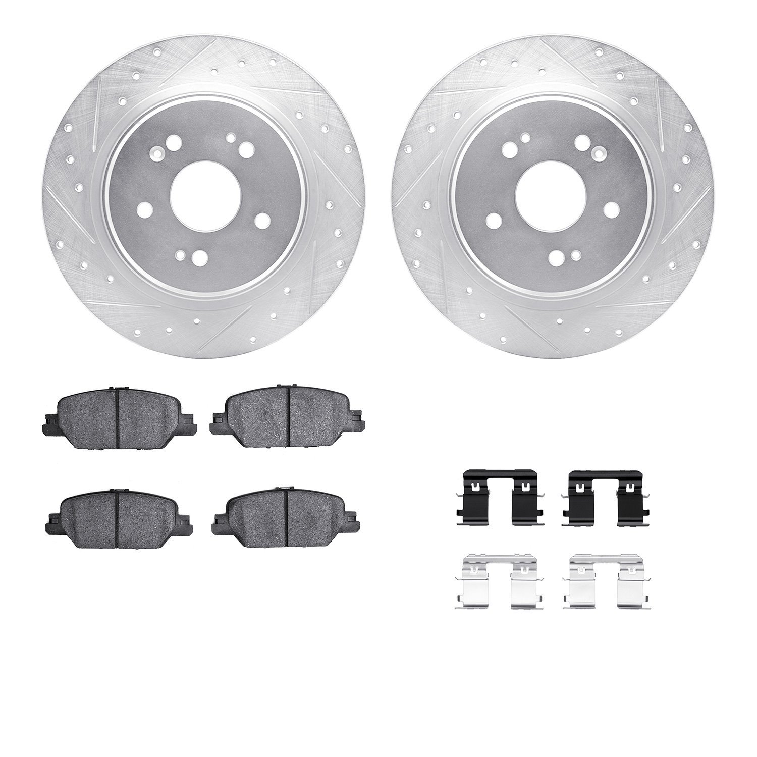 7512-58034 Drilled/Slotted Brake Rotors w/5000 Advanced Brake Pads Kit & Hardware [Silver], Fits Select Acura/Honda, Position: R