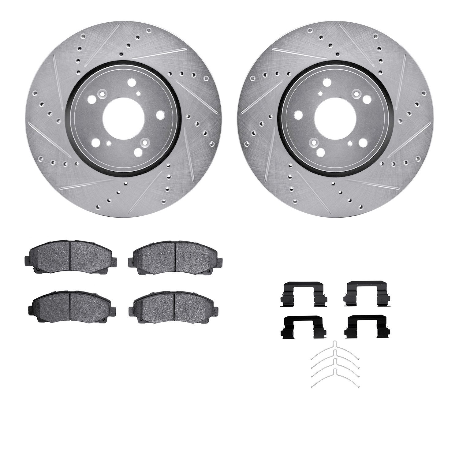 7512-58036 Drilled/Slotted Brake Rotors w/5000 Advanced Brake Pads Kit & Hardware [Silver], 2015-2020 Acura/Honda, Position: Fro