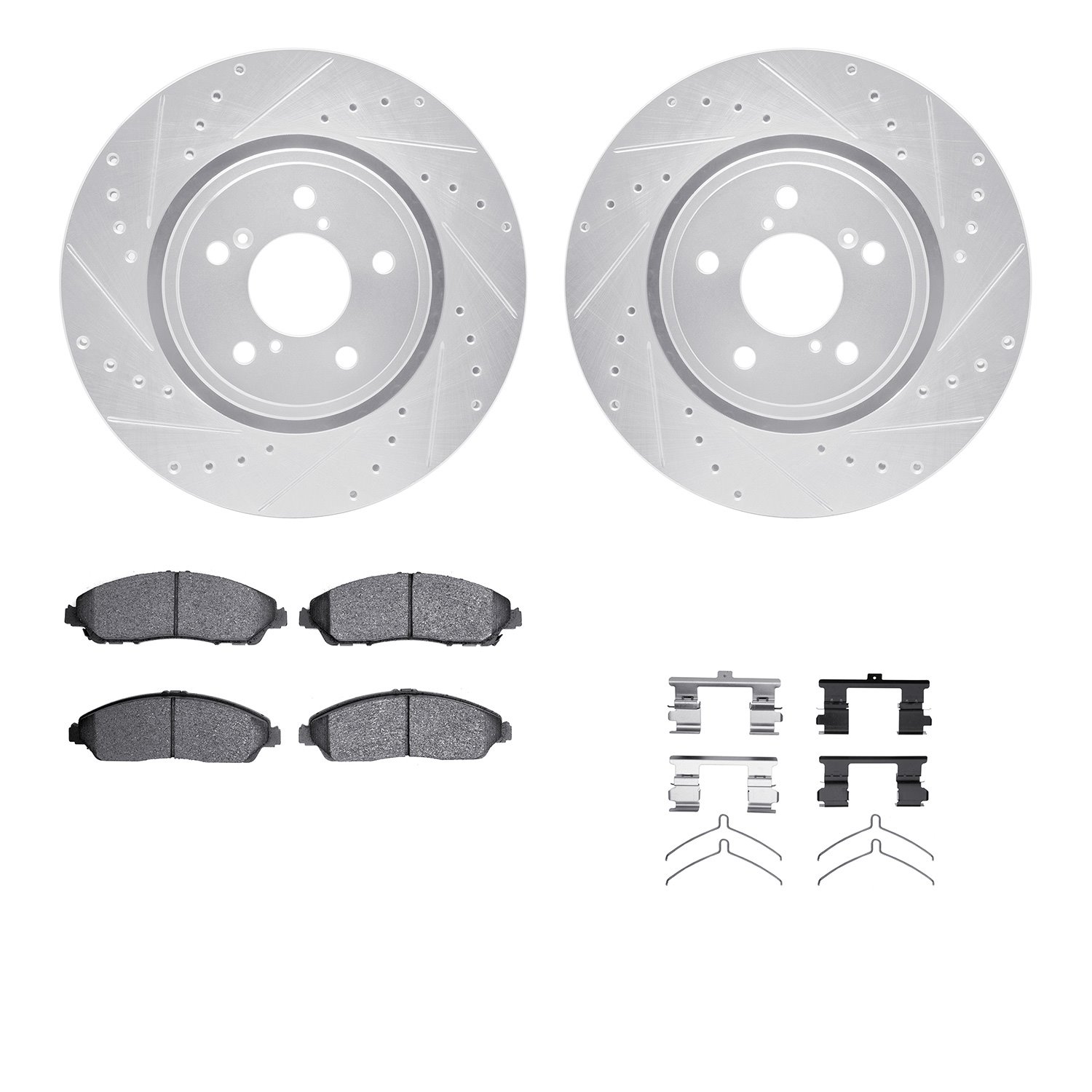 7512-58040 Drilled/Slotted Brake Rotors w/5000 Advanced Brake Pads Kit & Hardware [Silver], 2017-2020 Acura/Honda, Position: Fro
