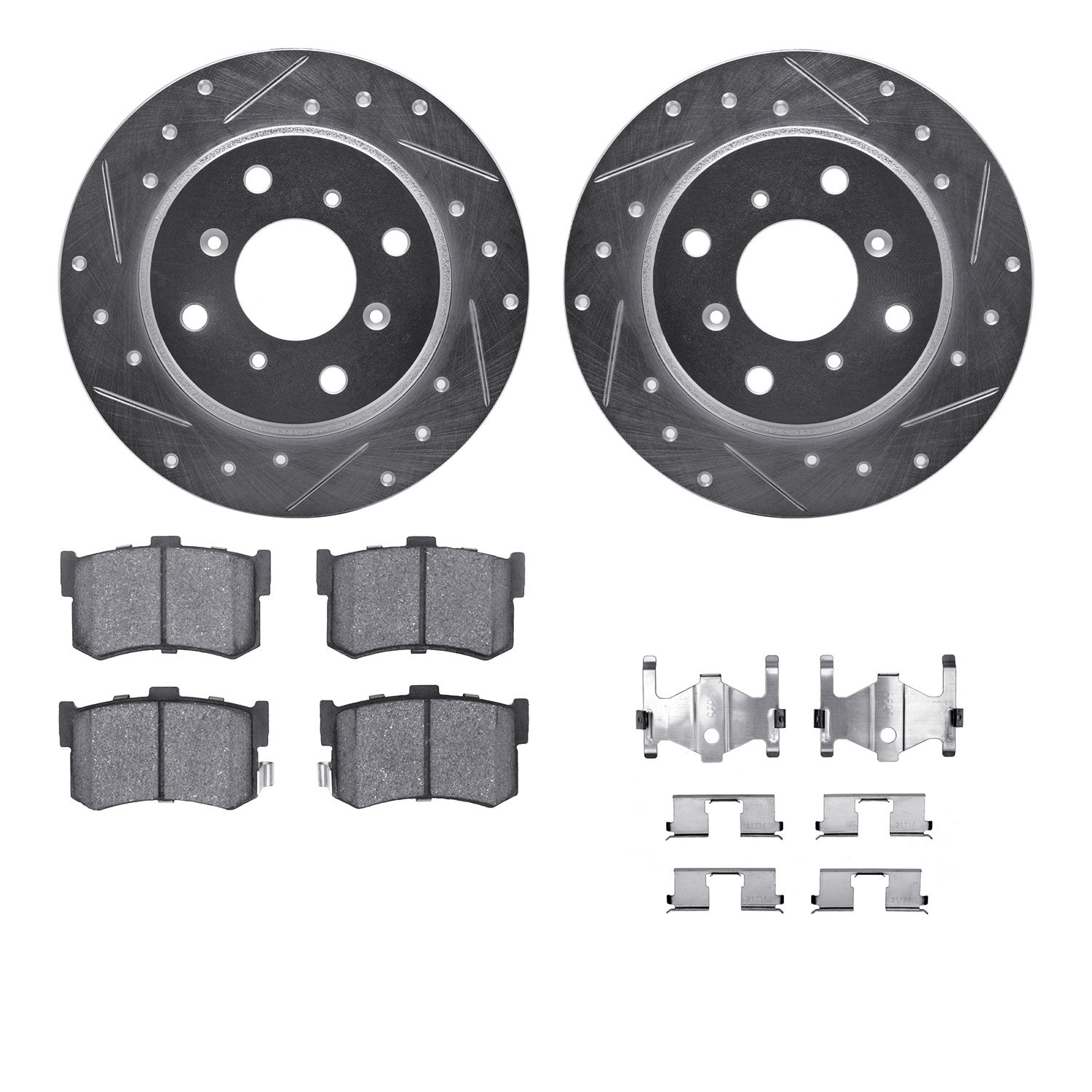 7512-59006 Drilled/Slotted Brake Rotors w/5000 Advanced Brake Pads Kit & Hardware [Silver], 1986-1988 Acura/Honda, Position: Rea