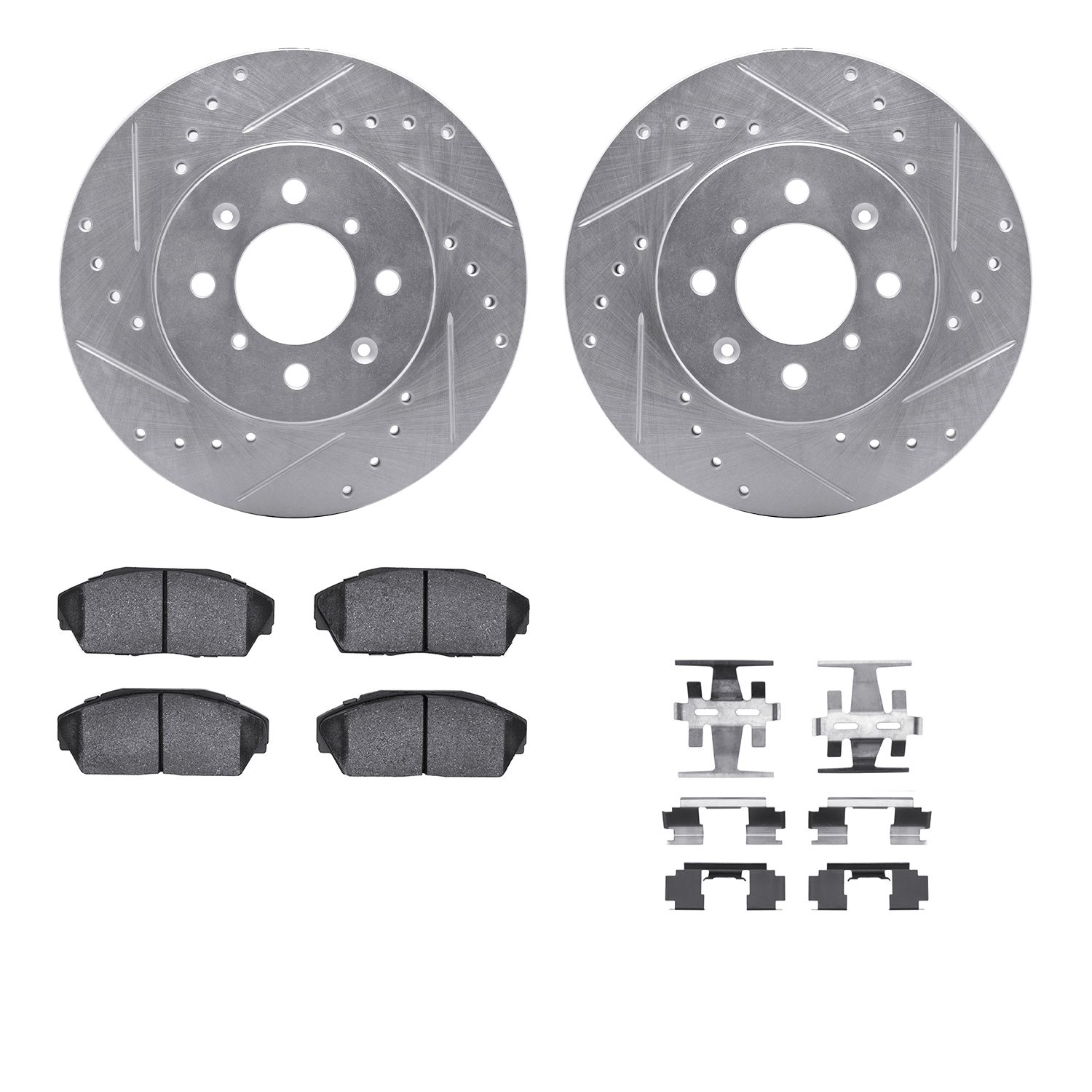 7512-59010 Drilled/Slotted Brake Rotors w/5000 Advanced Brake Pads Kit & Hardware [Silver], 1988-1991 Acura/Honda, Position: Fro