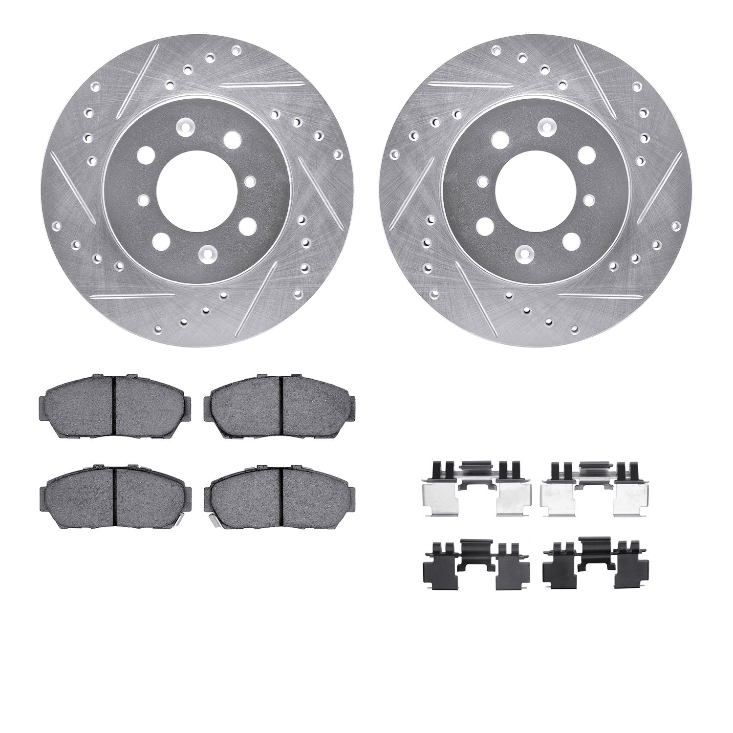 7512-59013 Drilled/Slotted Brake Rotors w/5000 Advanced Brake Pads Kit & Hardware [Silver], 1993-2001 Acura/Honda, Position: Fro