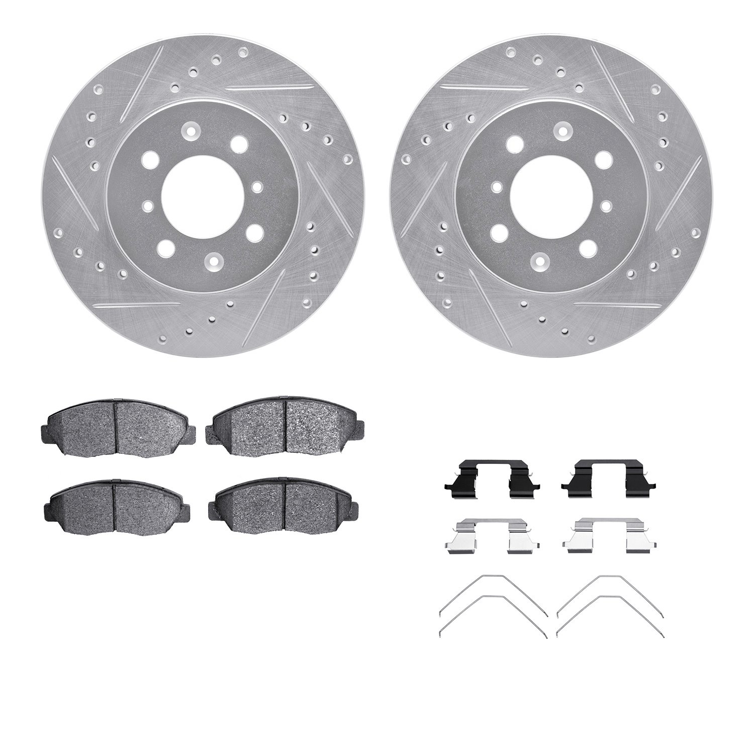 7512-59017 Drilled/Slotted Brake Rotors w/5000 Advanced Brake Pads Kit & Hardware [Silver], 1996-2014 Acura/Honda, Position: Fro