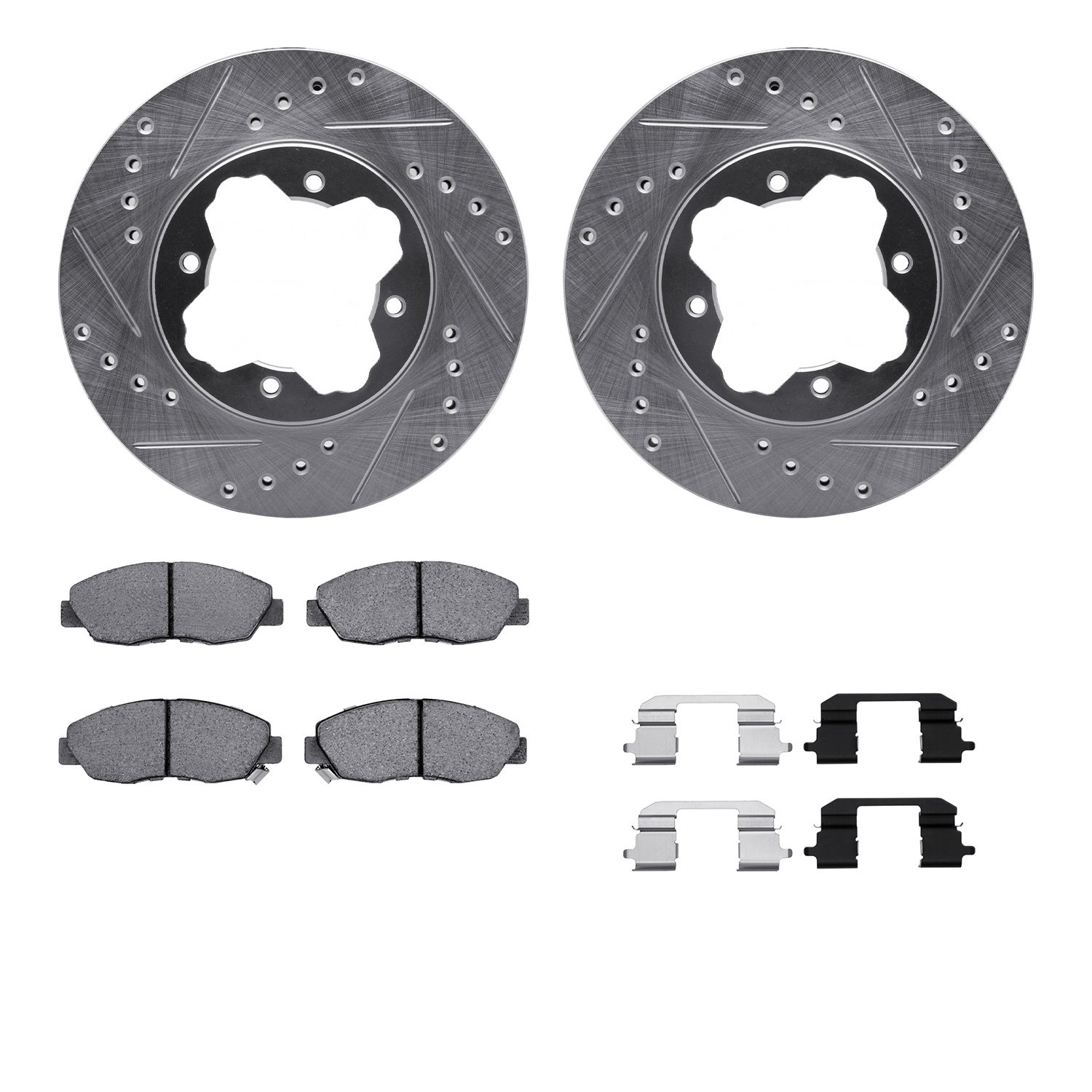 7512-59018 Drilled/Slotted Brake Rotors w/5000 Advanced Brake Pads Kit & Hardware [Silver], 1990-1997 Acura/Honda, Position: Fro