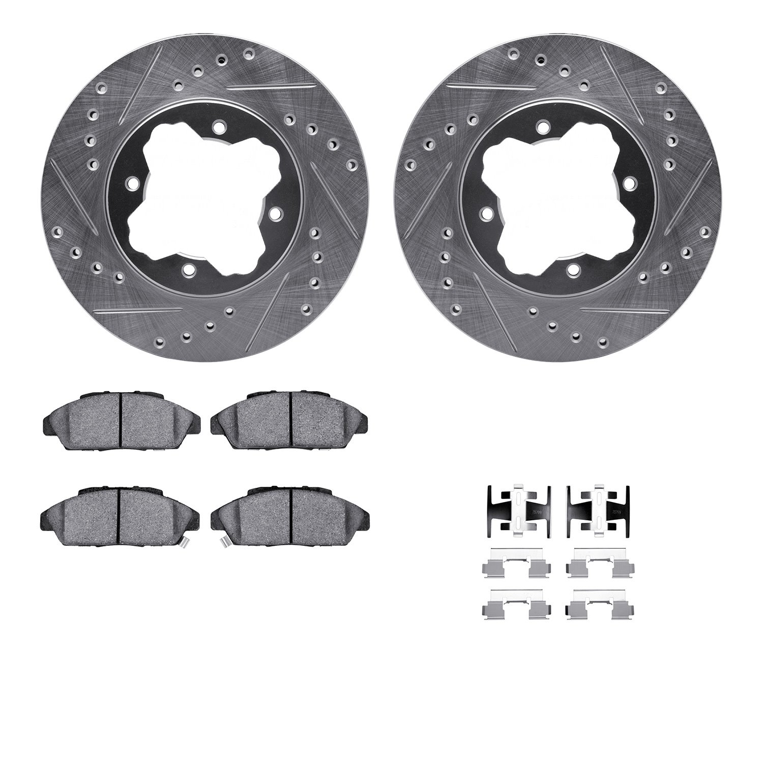 7512-59019 Drilled/Slotted Brake Rotors w/5000 Advanced Brake Pads Kit & Hardware [Silver], 1990-1993 Acura/Honda, Position: Fro