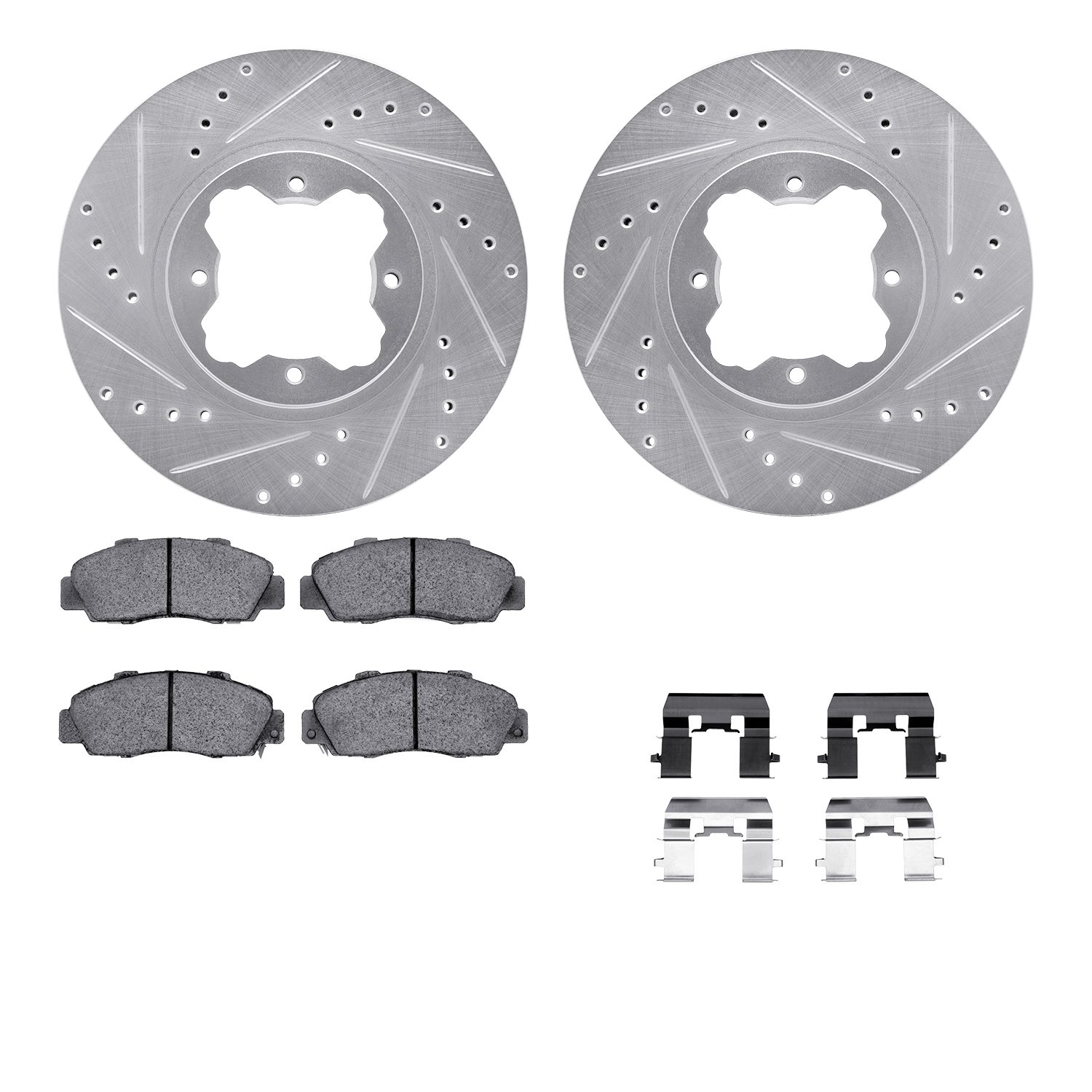 7512-59023 Drilled/Slotted Brake Rotors w/5000 Advanced Brake Pads Kit & Hardware [Silver], 1991-1997 Acura/Honda, Position: Fro
