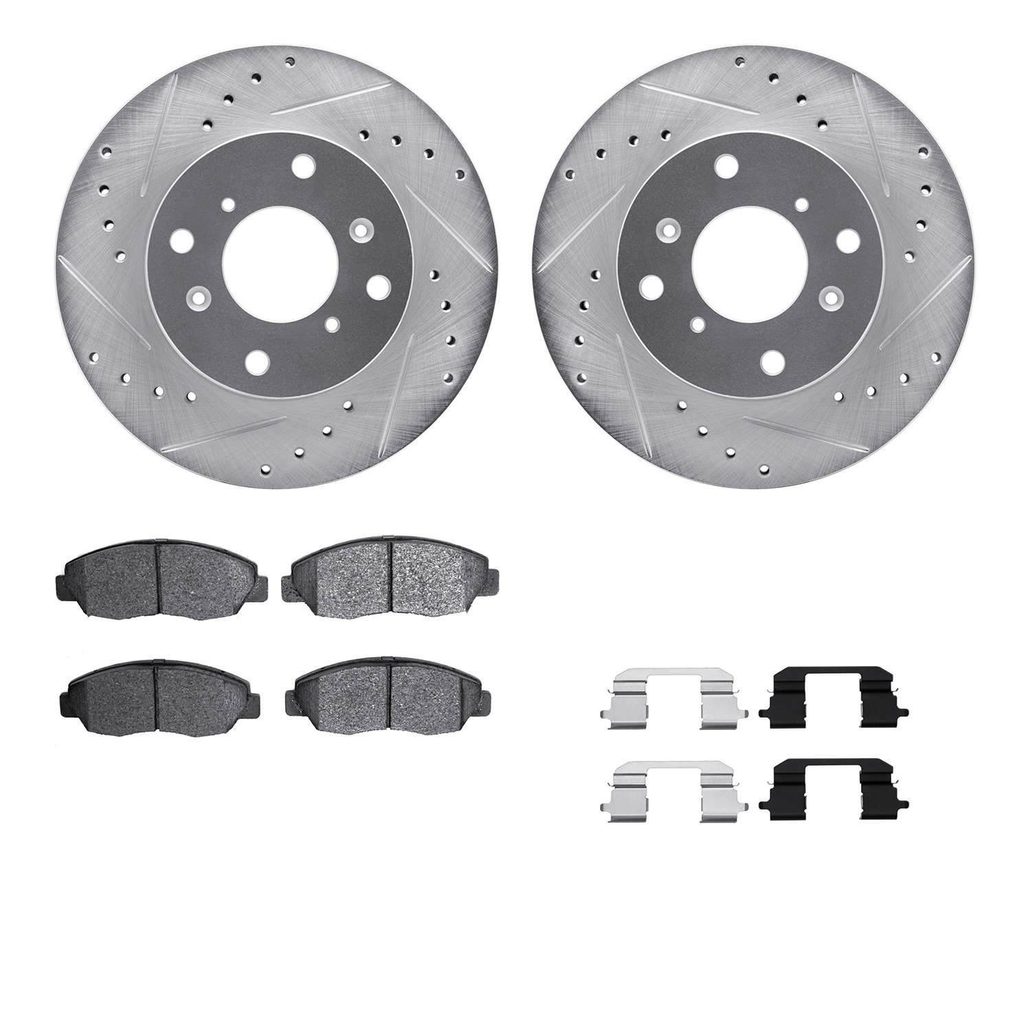 7512-59027 Drilled/Slotted Brake Rotors w/5000 Advanced Brake Pads Kit & Hardware [Silver], 1998-2002 Acura/Honda, Position: Fro