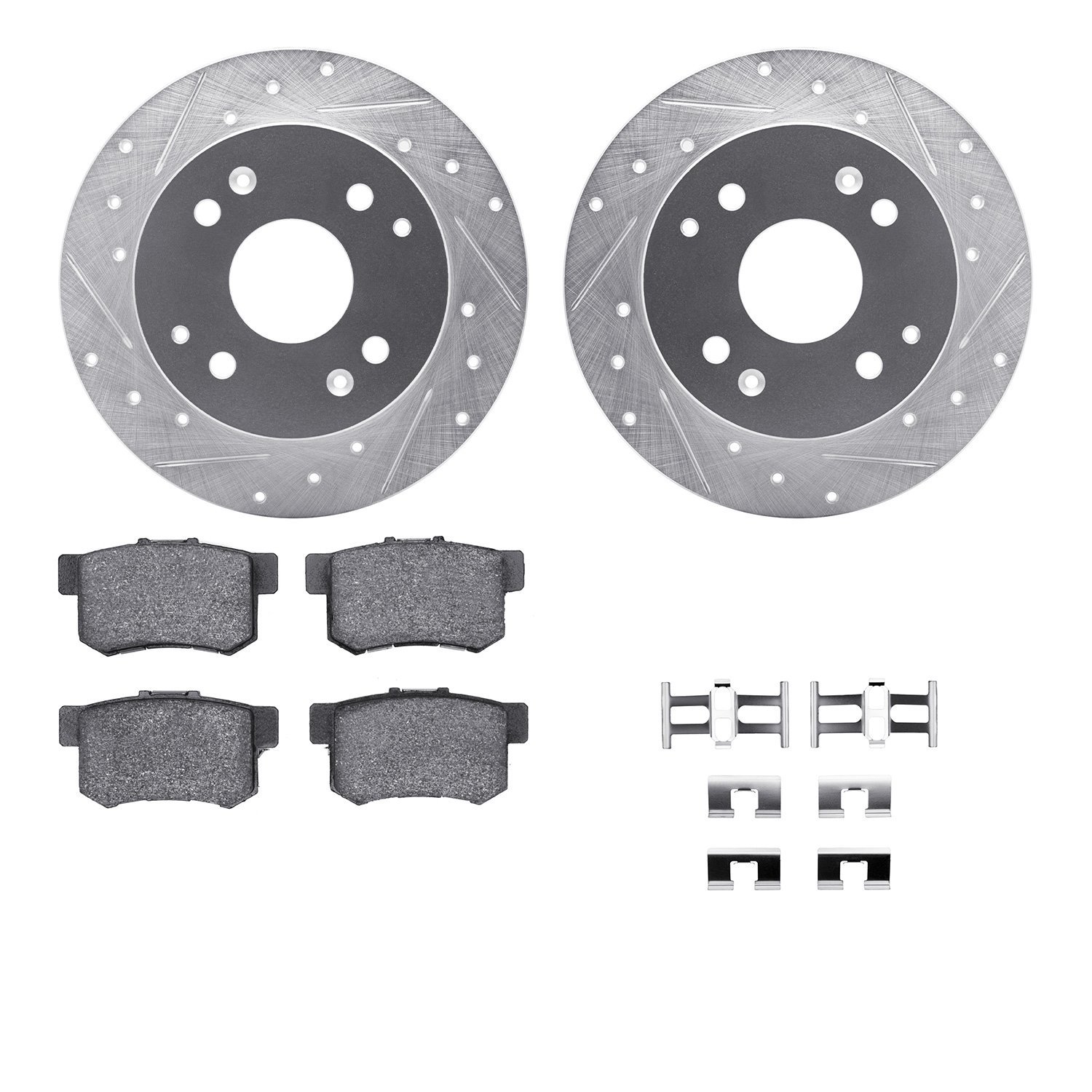 7512-59029 Drilled/Slotted Brake Rotors w/5000 Advanced Brake Pads Kit & Hardware [Silver], 1998-2002 Acura/Honda, Position: Rea