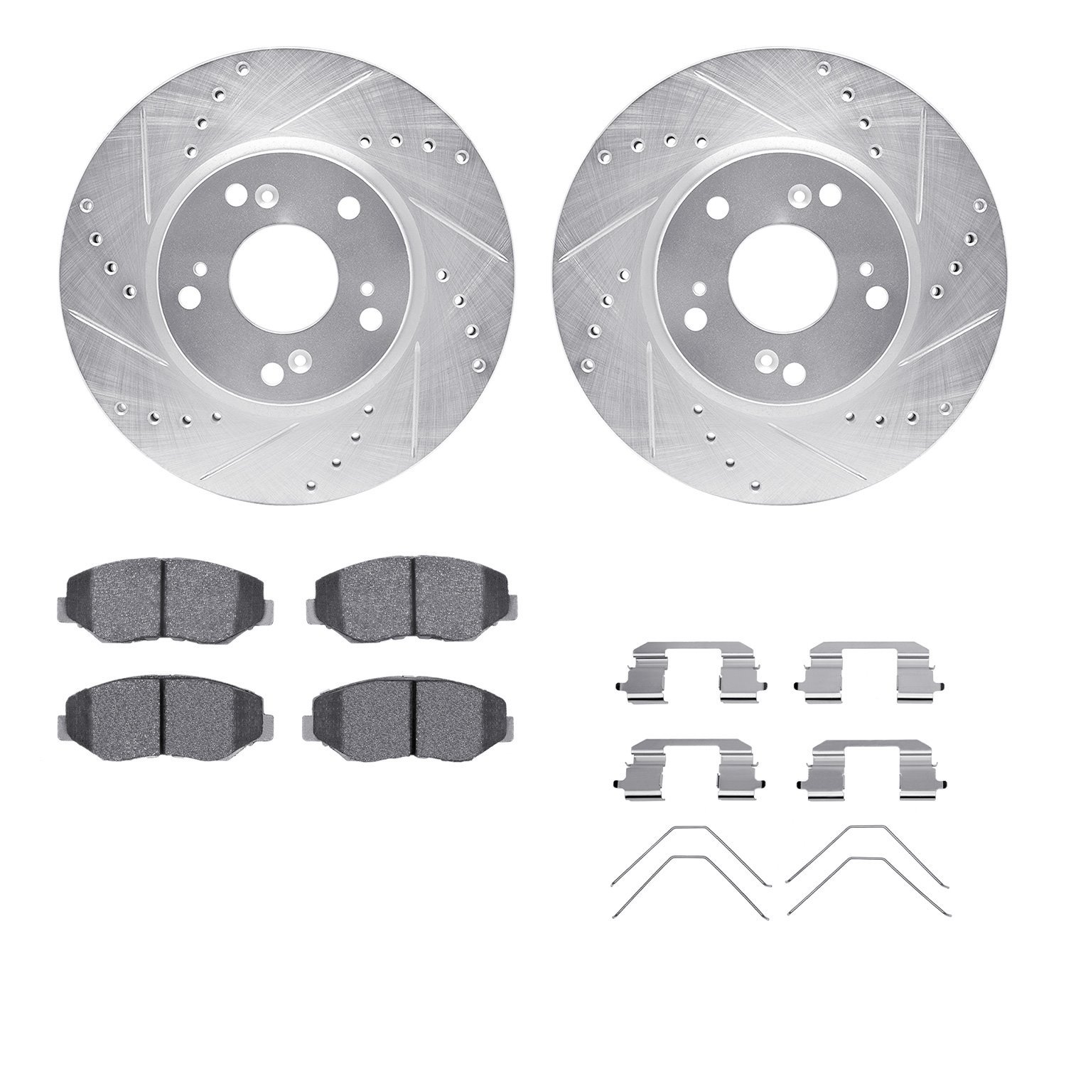 7512-59046 Drilled/Slotted Brake Rotors w/5000 Advanced Brake Pads Kit & Hardware [Silver], 2013-2014 Acura/Honda, Position: Fro