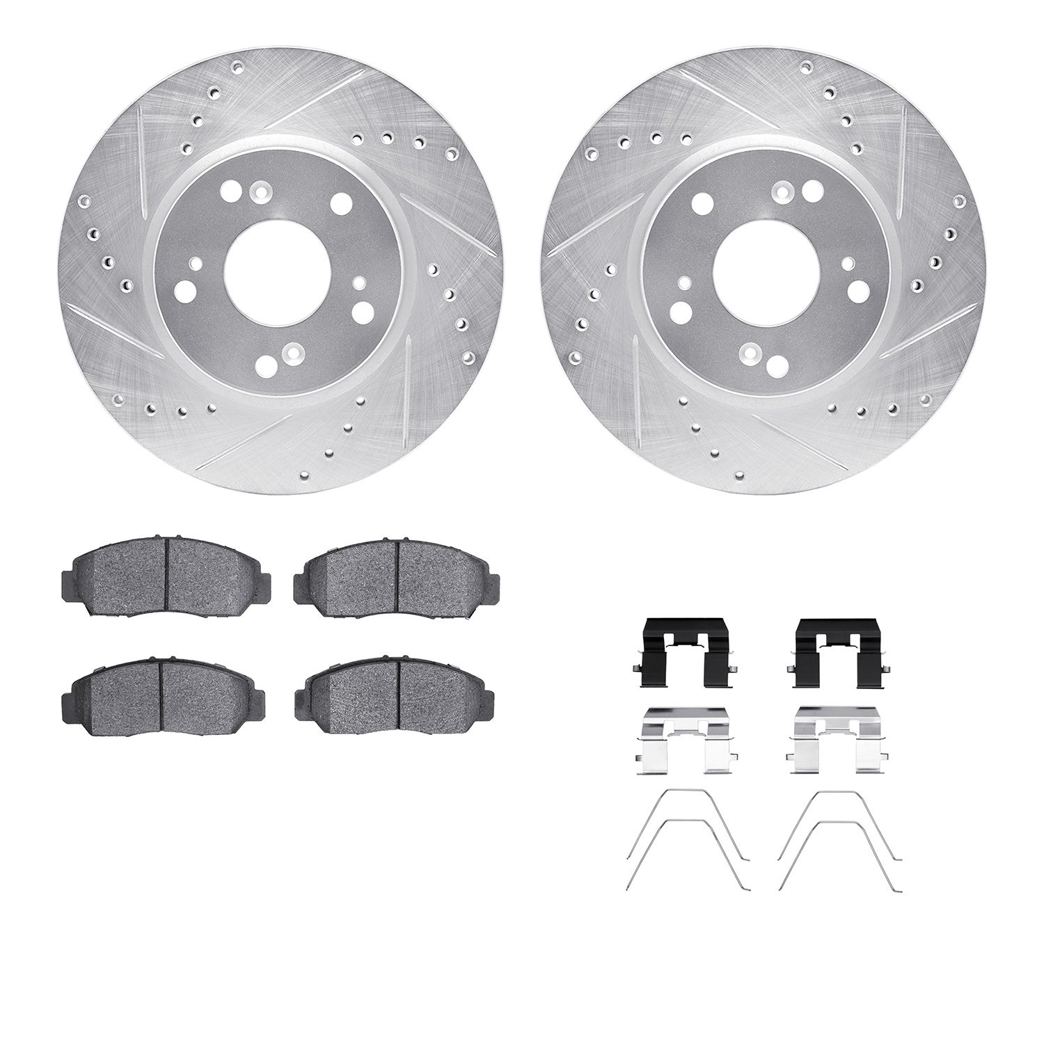 7512-59048 Drilled/Slotted Brake Rotors w/5000 Advanced Brake Pads Kit & Hardware [Silver], 2013-2015 Acura/Honda, Position: Fro