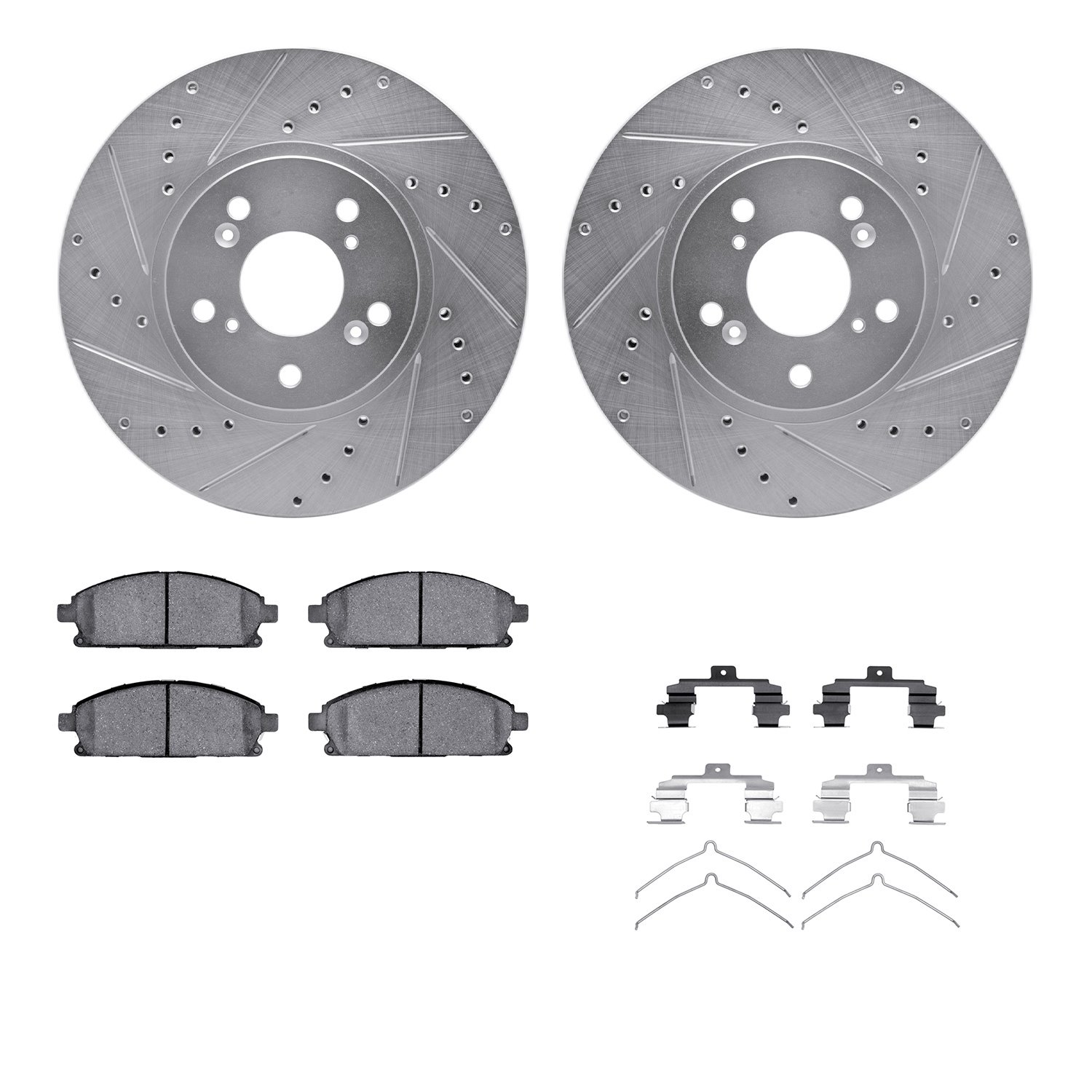 7512-59057 Drilled/Slotted Brake Rotors w/5000 Advanced Brake Pads Kit & Hardware [Silver], 2003-2006 Acura/Honda, Position: Fro