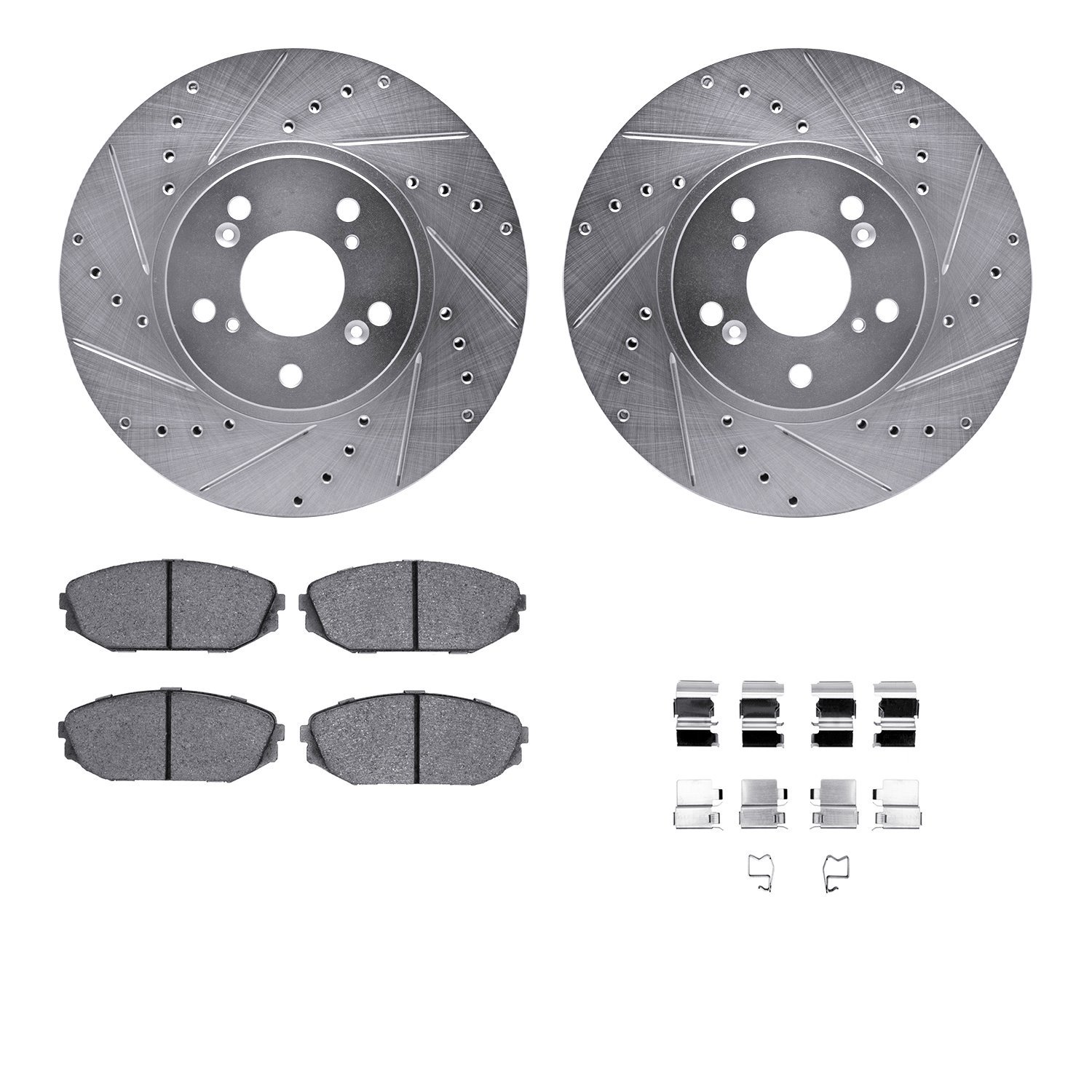7512-59058 Drilled/Slotted Brake Rotors w/5000 Advanced Brake Pads Kit & Hardware [Silver], 1999-2004 Acura/Honda, Position: Fro