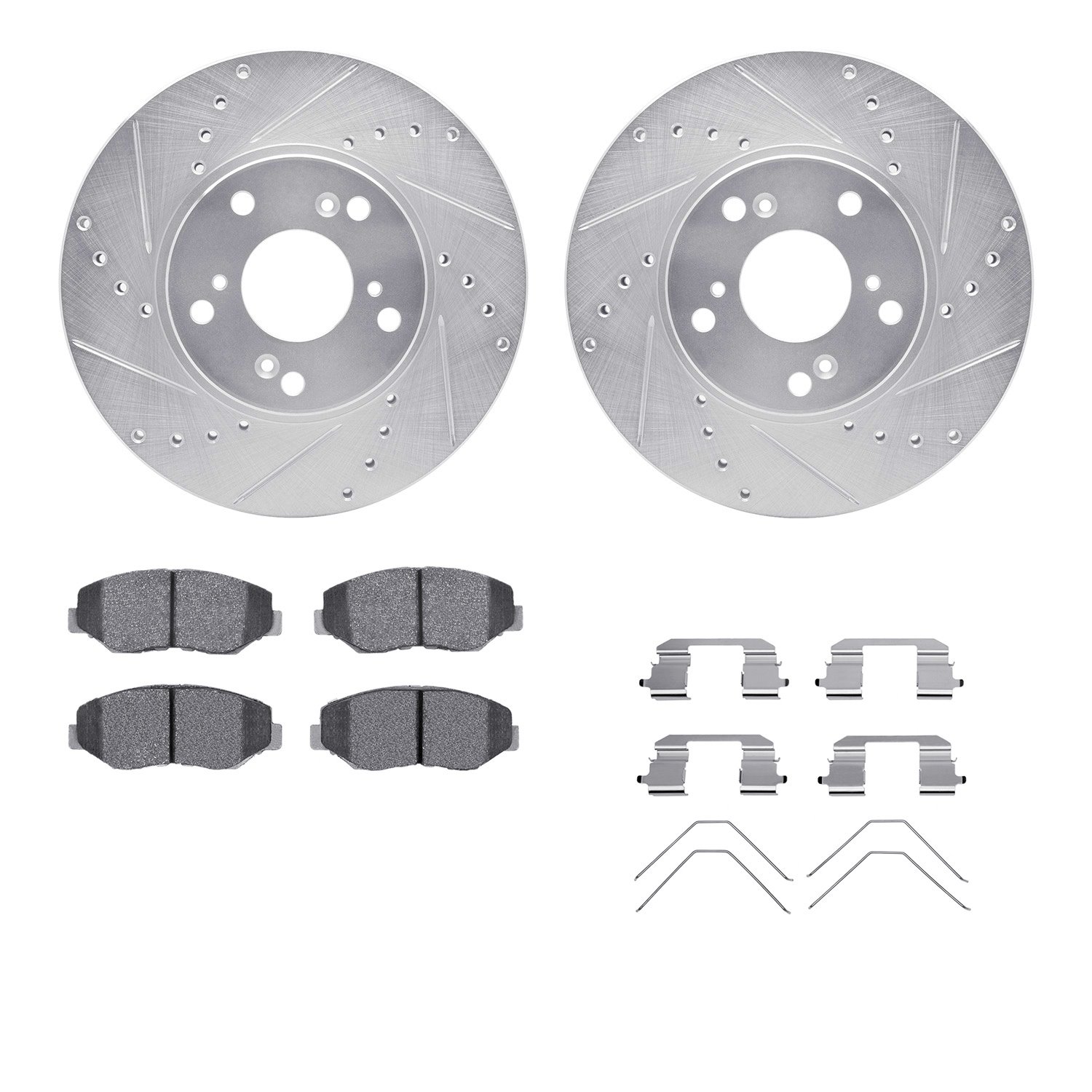 7512-59065 Drilled/Slotted Brake Rotors w/5000 Advanced Brake Pads Kit & Hardware [Silver], 2002-2015 Acura/Honda, Position: Fro