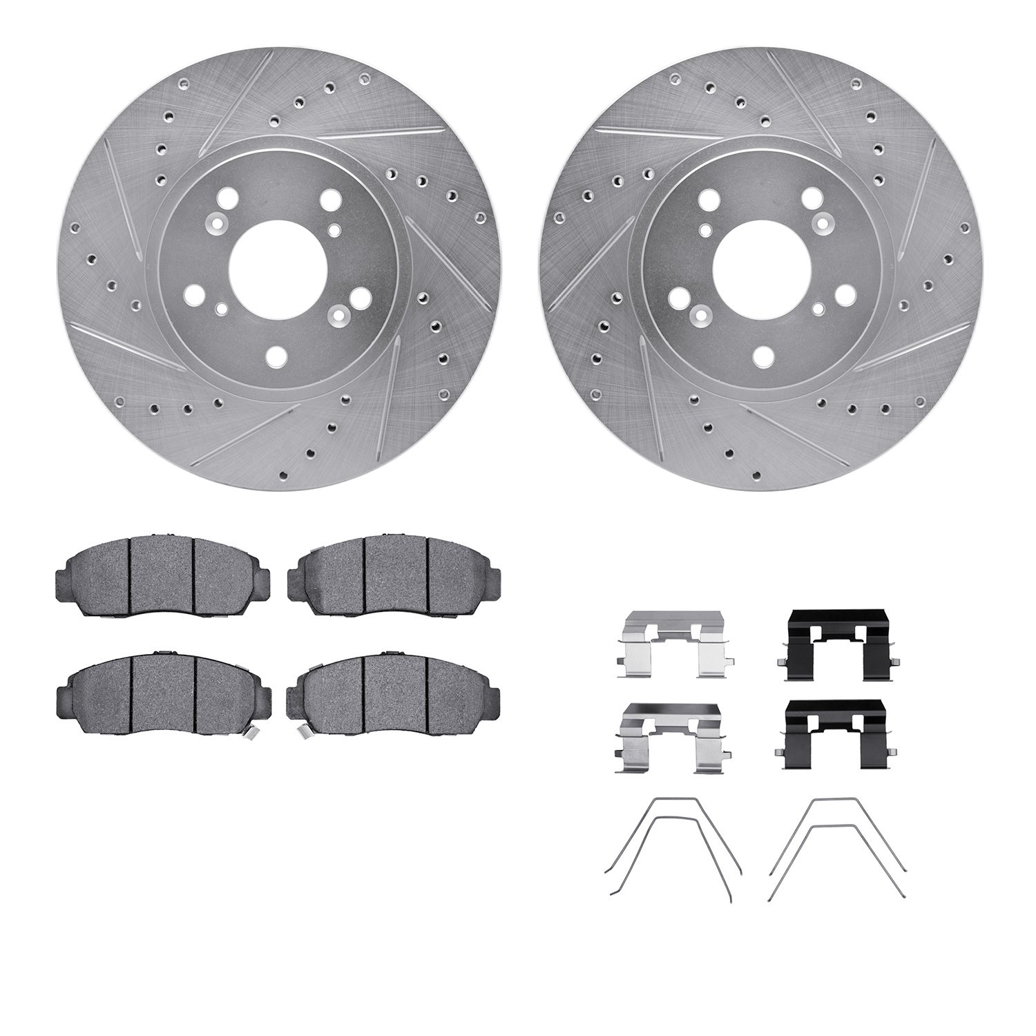 7512-59066 Drilled/Slotted Brake Rotors w/5000 Advanced Brake Pads Kit & Hardware [Silver], 1999-2014 Acura/Honda, Position: Fro