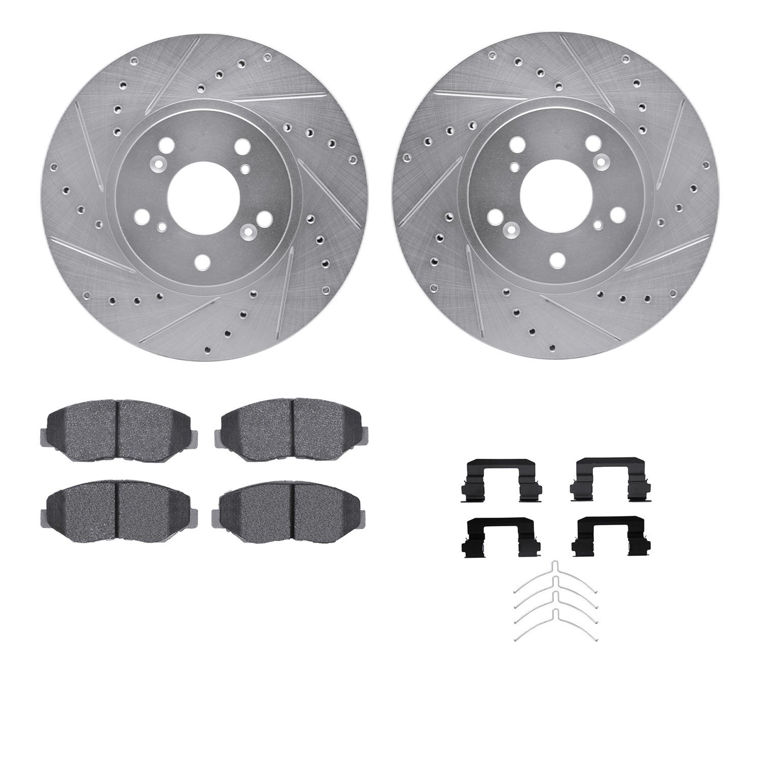 7512-59069 Drilled/Slotted Brake Rotors w/5000 Advanced Brake Pads Kit & Hardware [Silver], 2003-2008 Acura/Honda, Position: Fro