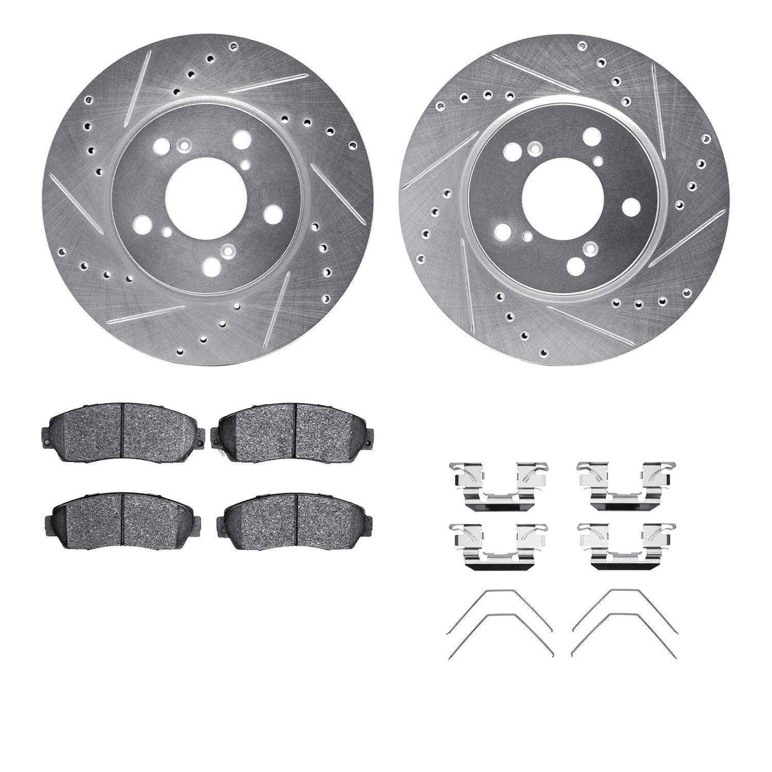 7512-59075 Drilled/Slotted Brake Rotors w/5000 Advanced Brake Pads Kit & Hardware [Silver], 2005-2010 Acura/Honda, Position: Fro