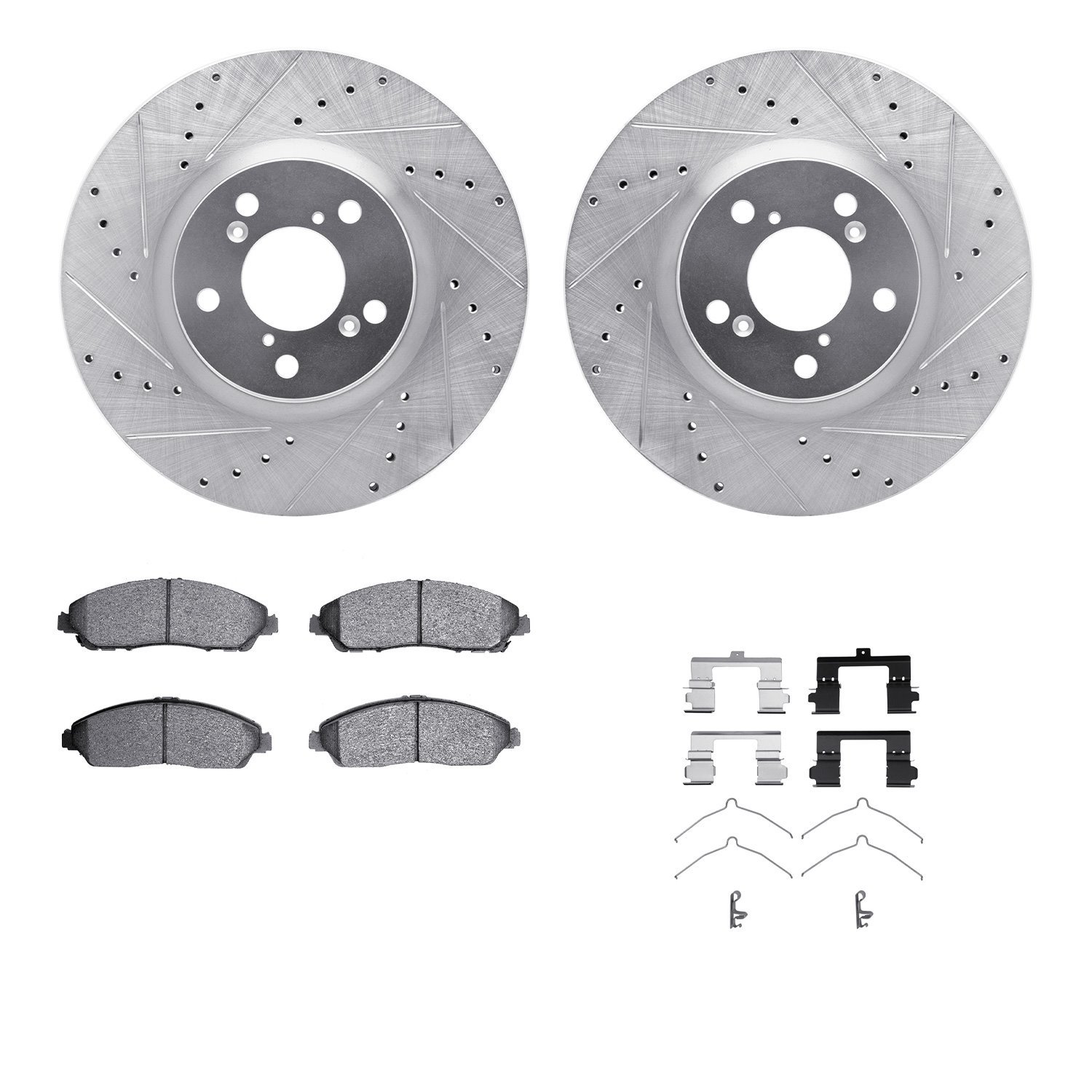 7512-59080 Drilled/Slotted Brake Rotors w/5000 Advanced Brake Pads Kit & Hardware [Silver], 2014-2020 Acura/Honda, Position: Fro
