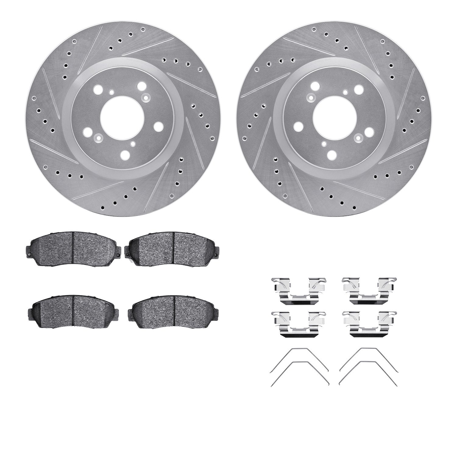 7512-59082 Drilled/Slotted Brake Rotors w/5000 Advanced Brake Pads Kit & Hardware [Silver], 2011-2014 Acura/Honda, Position: Fro