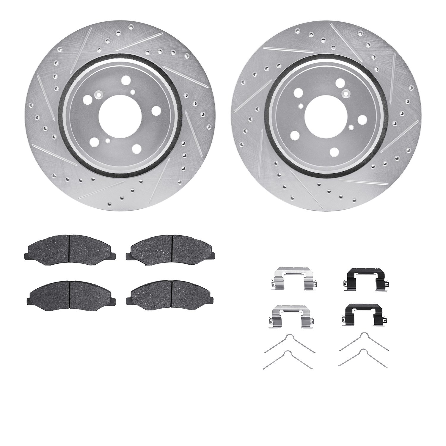 7512-59090 Drilled/Slotted Brake Rotors w/5000 Advanced Brake Pads Kit & Hardware [Silver], Fits Select Acura/Honda, Position: F