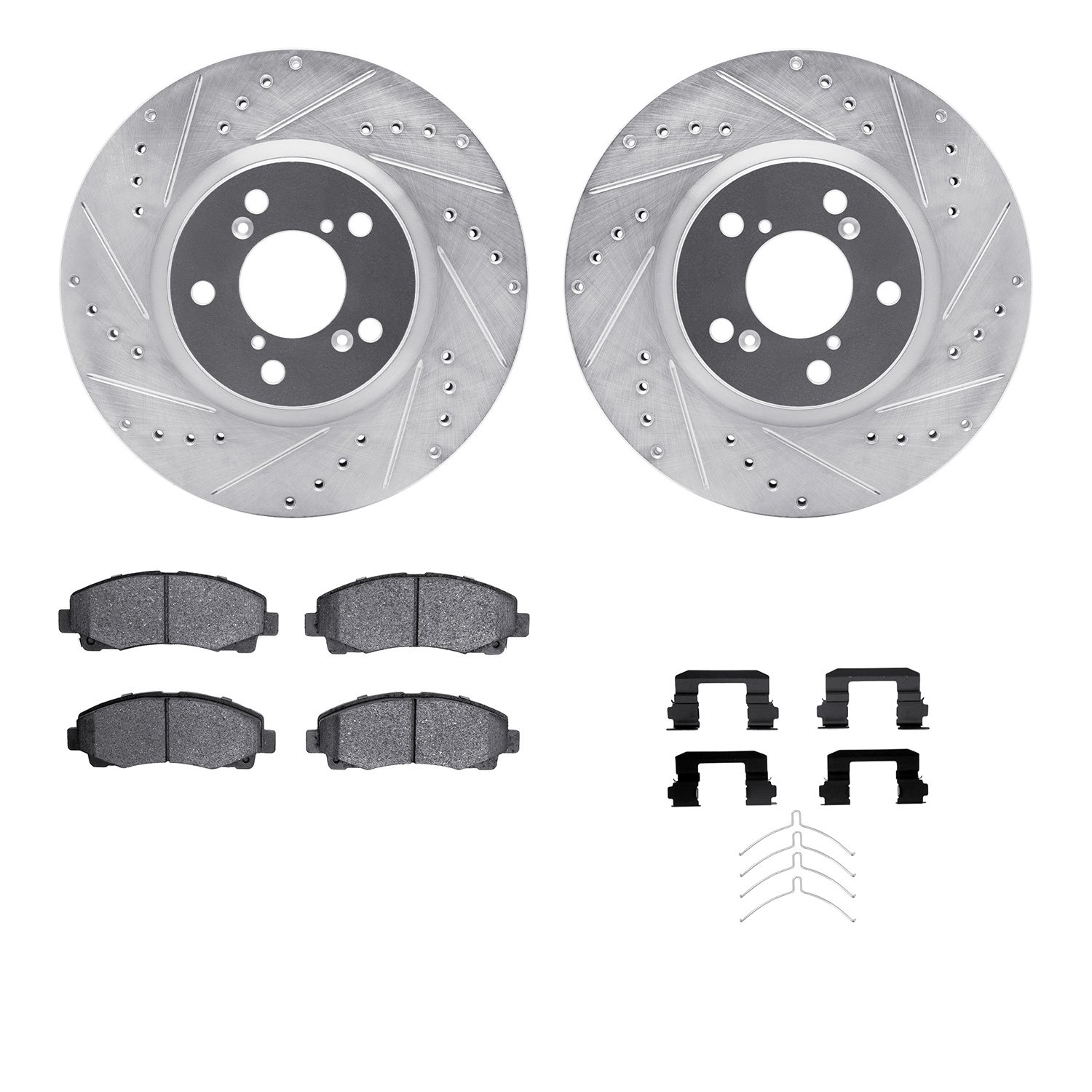 7512-59092 Drilled/Slotted Brake Rotors w/5000 Advanced Brake Pads Kit & Hardware [Silver], 2006-2014 Acura/Honda, Position: Fro